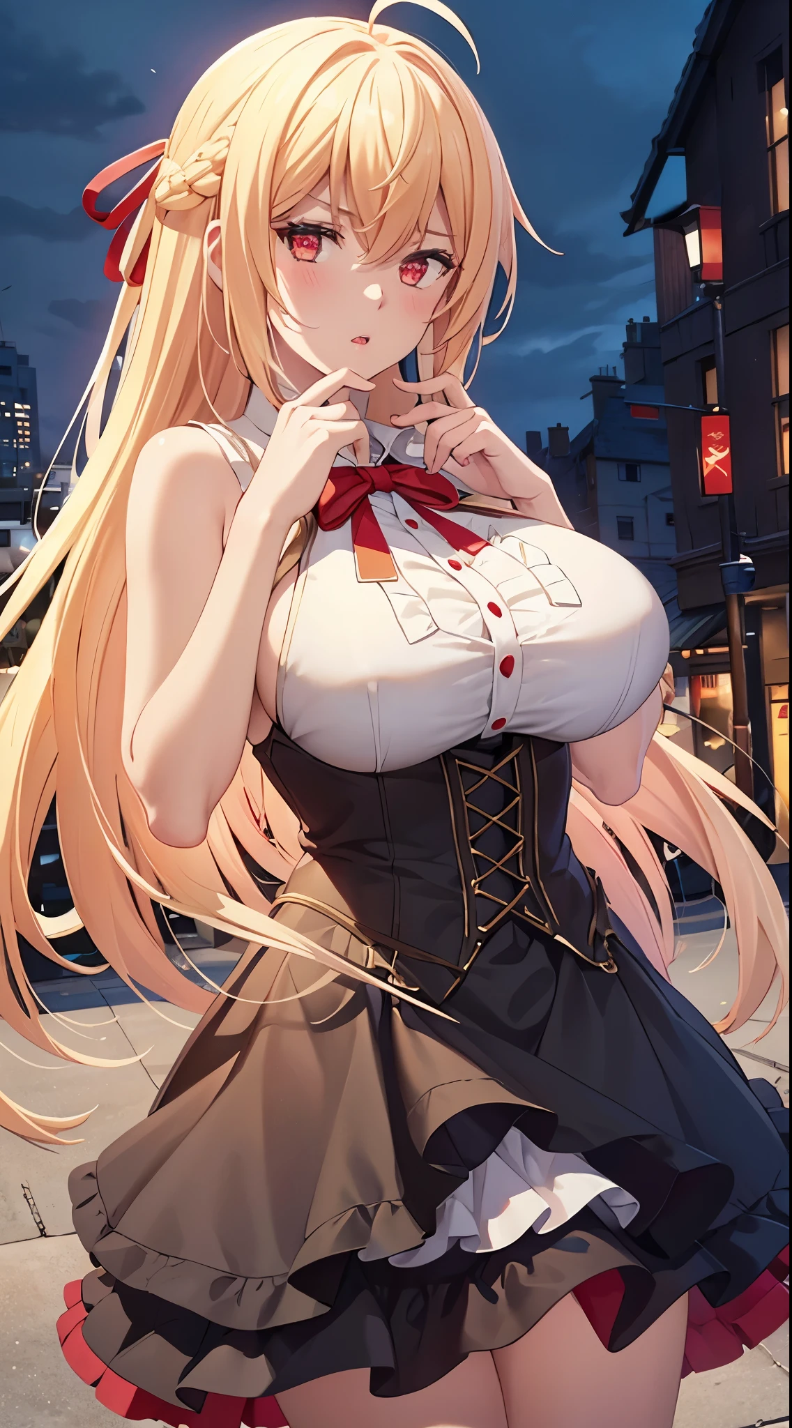 Masterpiece, best quality, highly detailed, highres, 8K, natural lighting, 1 girl, blonde hair, red ribbons in left side hair, ahoge, ruby eyes, huge breast, black sleeveless casual shirt, long black skirt, she wet, city background, detailed eyes, perfect eyes colors, full shot, detailed eyes, detailed finger shape, the number of fingers is not excessive