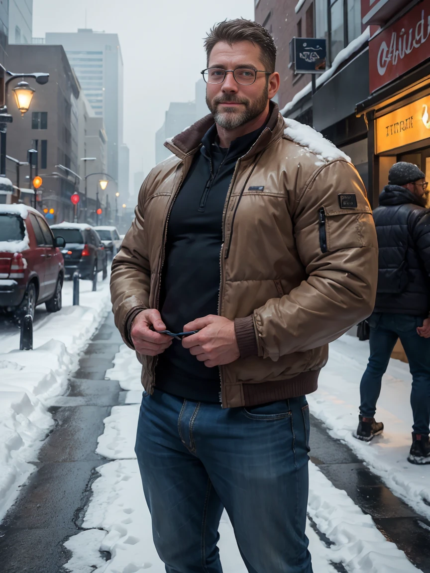 Award-winning original photo,2 people, Wild muscle man, (40 year old dad:1.1), beard, Burly, Macho, Jacket, Big bulge,Excellent J8,Smiling happily, One of the men wearing glasses, standing on a snow city streets, Cold atmosphere, snow, Embrace, detailed, charming, Close-up of face,Perfect hand details