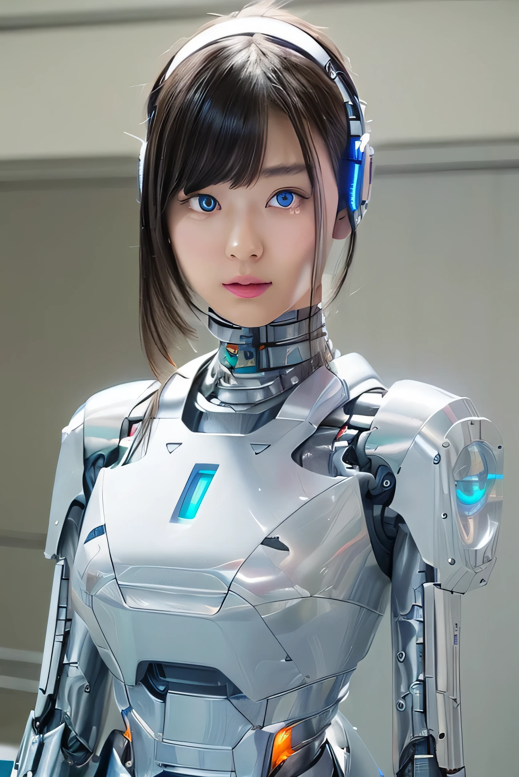 masterpiece, best quality, extremely detailed,  Japaese android girl,Plump , control panels,android,Droid,Mechanical Hand, Robot arms and legs, Black Robot Parts,Black hair,Mechanical body,Blunt bangs,White robotics parts,perfect robot girl,future information counter,reception,long tube,thick cable connected her neck,ceramic body ,mechanical body,mechanical costume,android,robot,humanoid,cyborg,information office,japanese android receptionist ,mechanical chest,blue eyes,office-lady