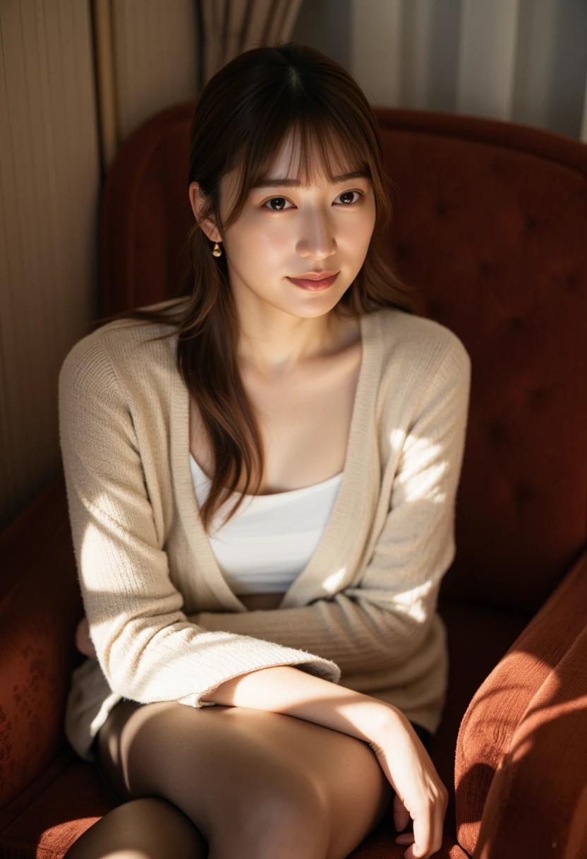 A warm, intimate indoor portrait of a slim East Asian woman sitting gracefully on a classic, red-upholstered chair. She has long, dark brown hair with soft waves, framing her delicate face and accentuating her refined features. Her expression is gentle, with a warm, inviting smile that exudes elegance and charm. She is dressed in a light, cozy cardigan over a white, fitted top, which highlights her slender build. Her attire is casual yet stylish, giving her a relaxed and approachable appearance. She has one knee drawn up close, with her legs elegantly covered in semi-sheer black stockings, adding a subtle touch of sophistication to her look.

The lighting in the room is soft and natural, casting a warm glow on her skin and enhancing her flawless complexion. The gentle play of light and shadow adds depth to the scene, creating a comfortable and welcoming atmosphere. The background is slightly blurred, drawing attention to her serene and pleasant demeanor, while the details of the chair’s red, patterned upholstery add a touch of classic elegance to the composition.

Her posture is relaxed, with one arm resting gently on her knee, adding to the feeling of comfort and ease. Small gold earrings complement her look, adding a hint of refinement without overwhelming her natural beauty. The overall color palette of the image consists of warm tones, with soft beige, cream, and deep red hues, creating a harmonious blend that emphasizes the cozy, intimate mood of the scene.

The ambiance is peaceful, almost contemplative, capturing a private moment of calm and quiet joy. The combination of her graceful pose, subtle smile, and elegant outfit creates an image that feels both timeless and modern, embodying a sense of understated beauty and sophistication. The scene highlights the harmony between her soft expression and the warm, inviting surroundings, making for a captivating portrait of serene, elegant charm.


