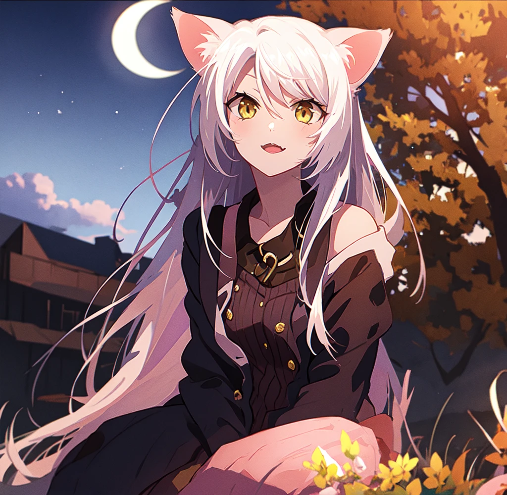 A girl with cat ears looking up at the moon while sitting under a tree from the prairie,Thief Costume