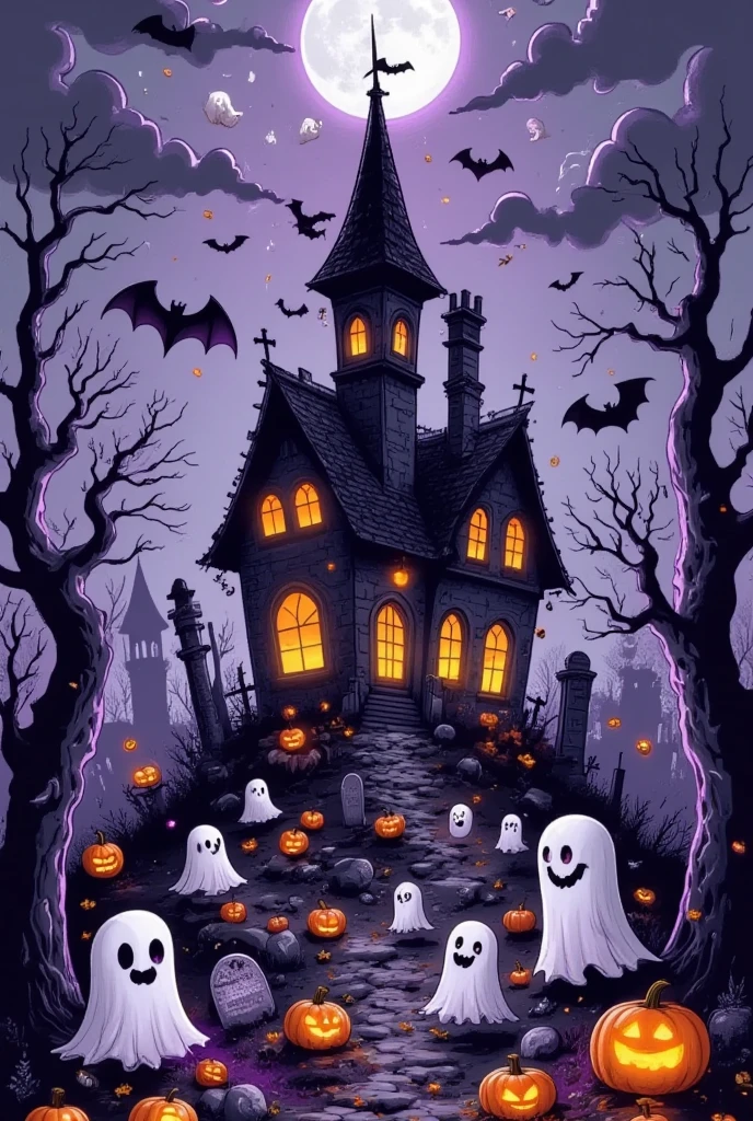 A spooky, cartoonish Halloween scene with a dark, eerie atmosphere. A haunted house stands with crooked windows and a slanted roof, glowing faintly in the night. It's surrounded by a misty, shadowy forest with twisted, dark trees. Playful, eerie ghosts float between the trees, and glowing pumpkins are scattered throughout the scene. Above, the full moon is barely visible through thick, ominous clouds, casting dim light over everything. Bats circle the haunted house, adding to the sinister yet fun vibe. The color palette includes deep blacks, dark purples, and shadowy blues, enhancing the nightmarish feel of Halloween
