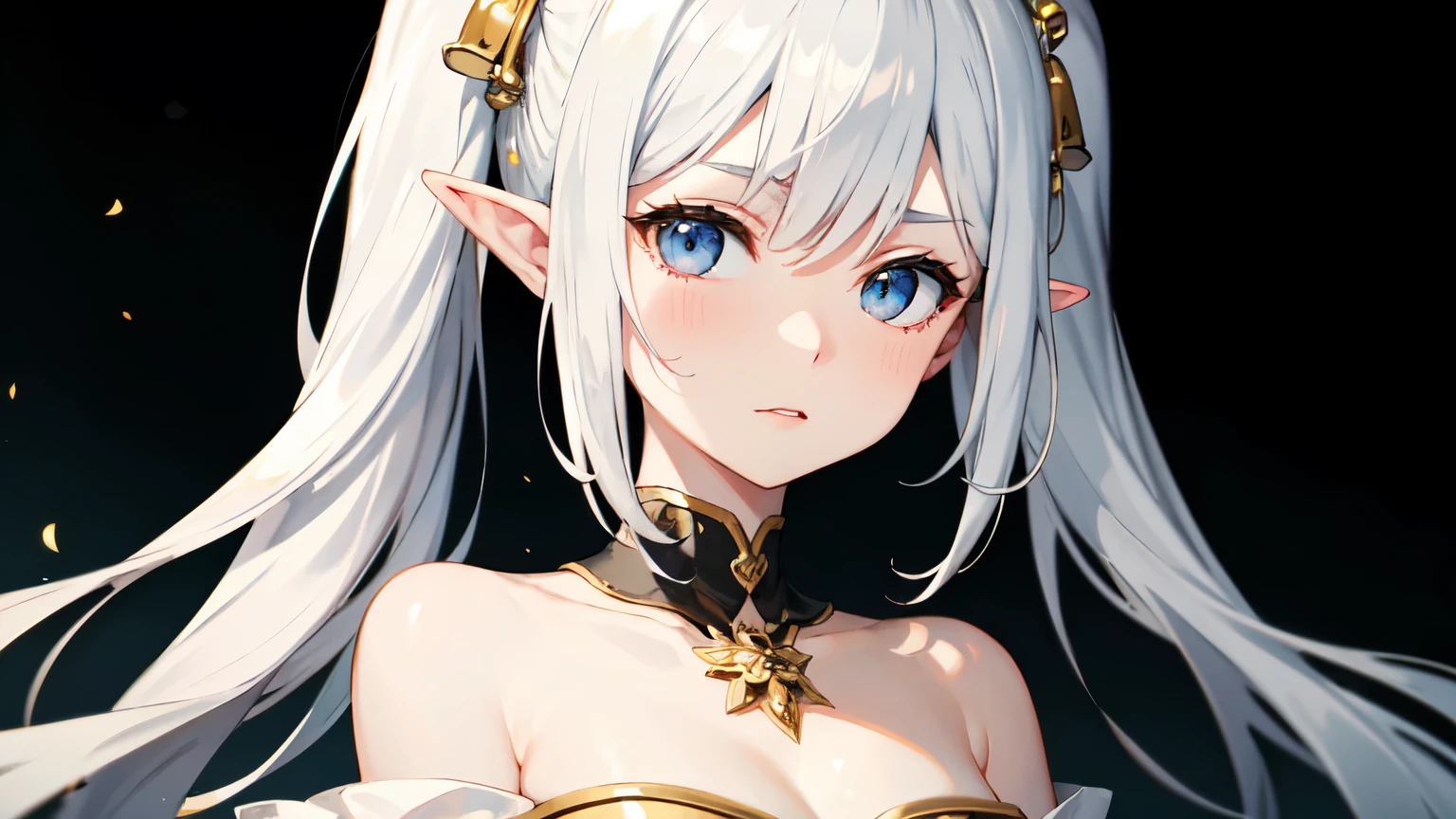 (masterpiece, top quality, super high quality), beautiful starry sky background, one, beautiful elf girl, kind-hearted elf girl, (slender), (slender), (very small ???????)), platinum blonde long hair, ponytail, gradient hair, (heterochromia), beautiful detail eyes, pale orange, white, t-shirt, navel out, whitish clothes, bow, ((bust shot)), A smile that you want to protect