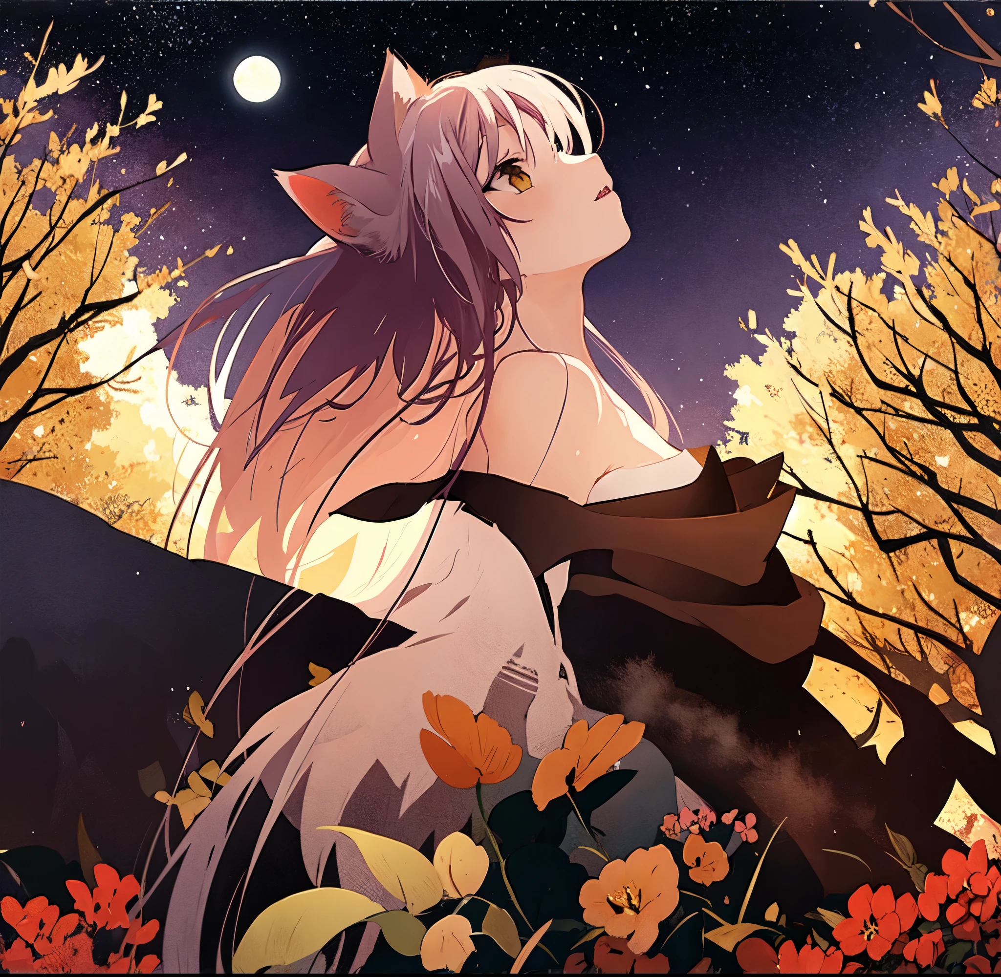 A girl with cat ears looking up at the moon while sitting under a tree from the prairie,Thief Costume