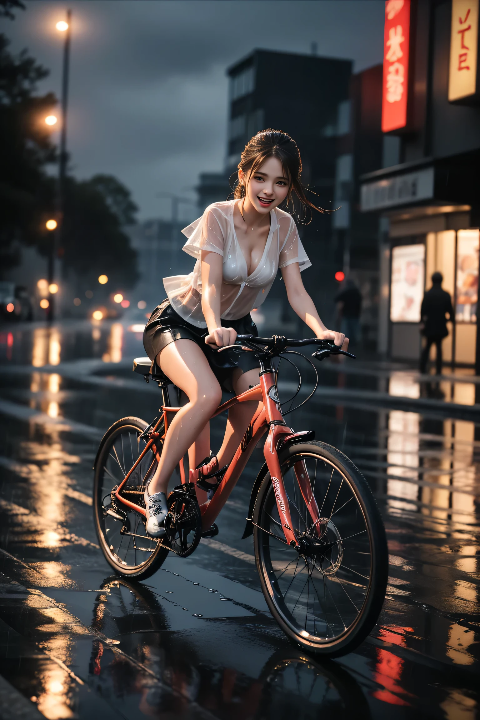 ((Girl riding a bicycle through lakeside park ))、(RAW shooting,  photorealistic:1.5, 8k, Highest quality, masterpiece,  super high image quality ), Perfect dynamic composition:1.2, Night Street Corner,  look up at the sky:1.3, (((Heavy rain from a typhoon))),  detailed skin and facial textures riding on a bicycle:1.2, 雨にwetスリムな女子高生:1.3, Sexy beauty,  perfect style:1.2, Aesthetic and beautiful , Fair skin,  very beautiful face , (Rain dripping all over my body:1. 2, wet髪:1.4, wet:1.2), Water droplets on the skin, ( medium chest, Chest gap),((Riding a bicycle)) ,(Shy laugh,  Expression when Feeling Intense Caress ,  Expression when feeling pleasure ), (Beautiful blue eyes, Beautiful erotic eyes:0.8), (Too erotic:0.9, Alluring:0.9), Cowgirl shot,  student bag, Perfect body, Perfect fingertips