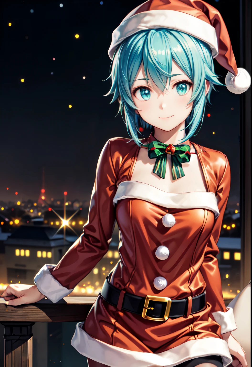 最high quality, masterpiece,smile, Short Hair、 shortcuts、(  anime illustration style  :1.2), ( Fascinating , victory, Charming:1.3), beautiful, (Advanced Details, high quality:1.3), Field, sinon、Beautiful green hair、 Sexy Poses 、 closed mouth、smile、 (Santa hat、cute Santa costume:1.5)、(Genuine、Realistic、Realistic:1.2)、 Kampala、超 Kampala、Fine painting、 sharp concentration 、 Physically Based Rendering 、 cowboy shot