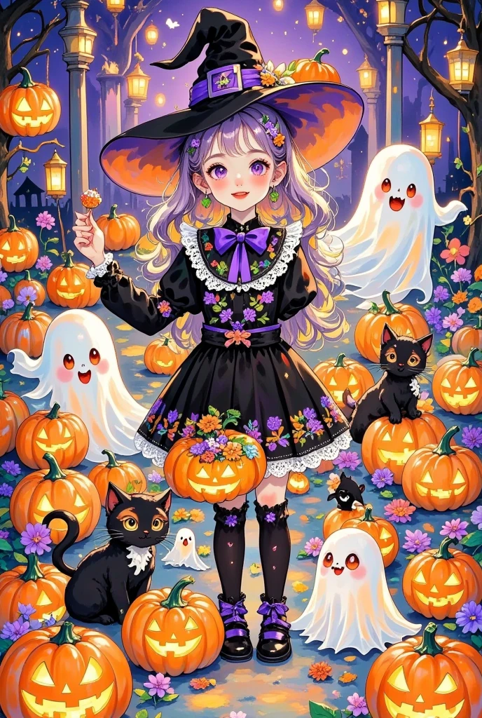 A cute gathering of ghosts and monsters in a pumpkin patch, surrounded by colorful Halloween lanterns, enjoying food and laughter. 