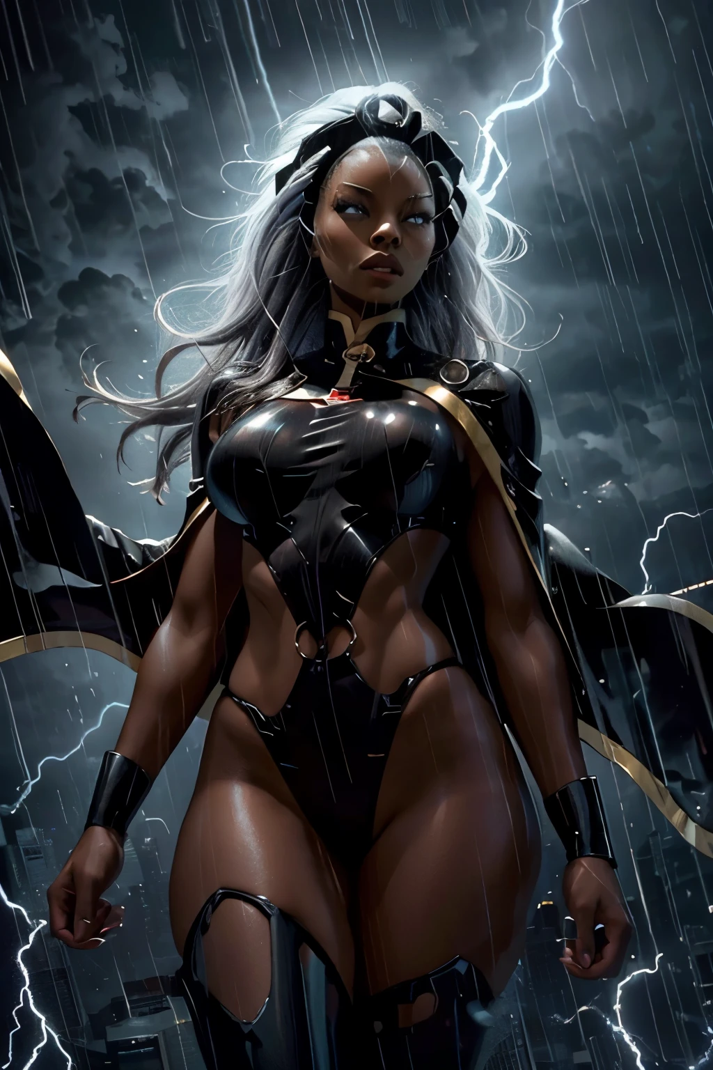 Storm（MARVEL）、Beautiful Black Woman、Big Breasts、 sexy body 、Wear Lightning、in the Rainy City