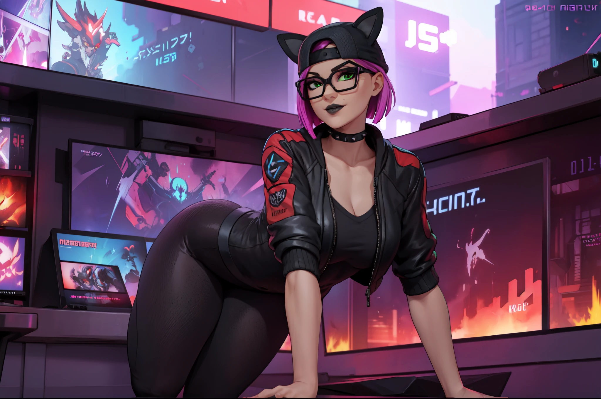 cyberpunk line , lingerie cap , shorts negro con leggins Azul Marino, chaqueta azul marino ,Extremadamente detallado, rostro detallado, gafas ,hermoso rostro, ojos finos, mirando al espectador, pose femenino, Noche