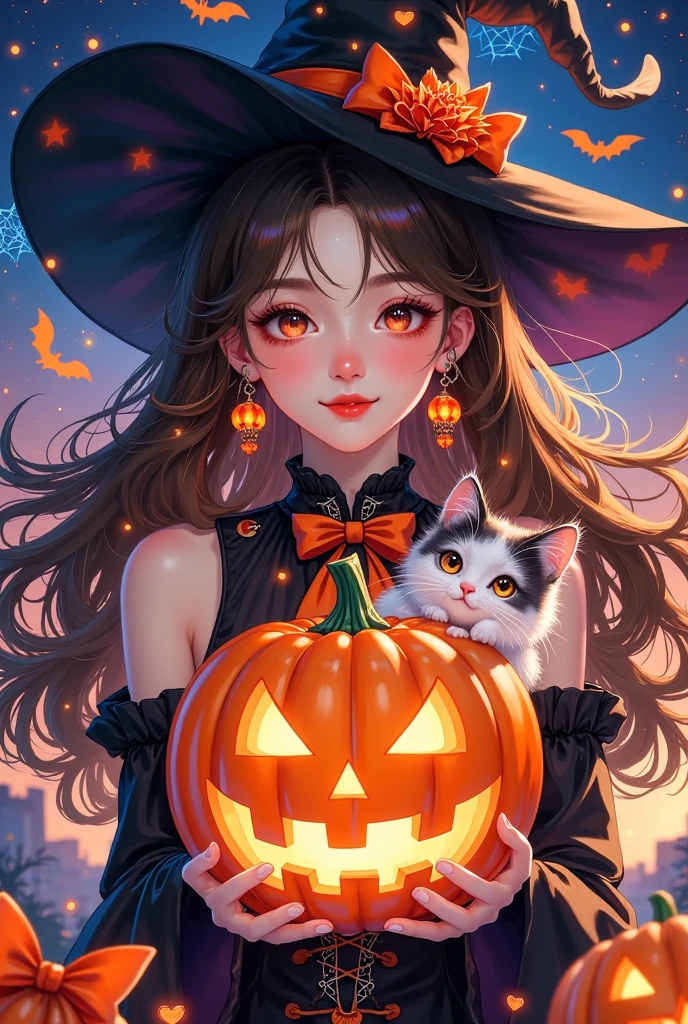 A beautiful witch with long, curly brown hair, wearing a black and orange dress, holds an illuminated jack-o'-lantern in her arms while sitting on the shoulder of a cute, fluffy little cat dressed as a Halloween character. The night sky is full of glittery stars and bats, in the style of Artgerm. The image is intricate in detail, hyper-realistic, and hyper-detailed, with vibrant colors and a glowing light coming from inside the pumpkin