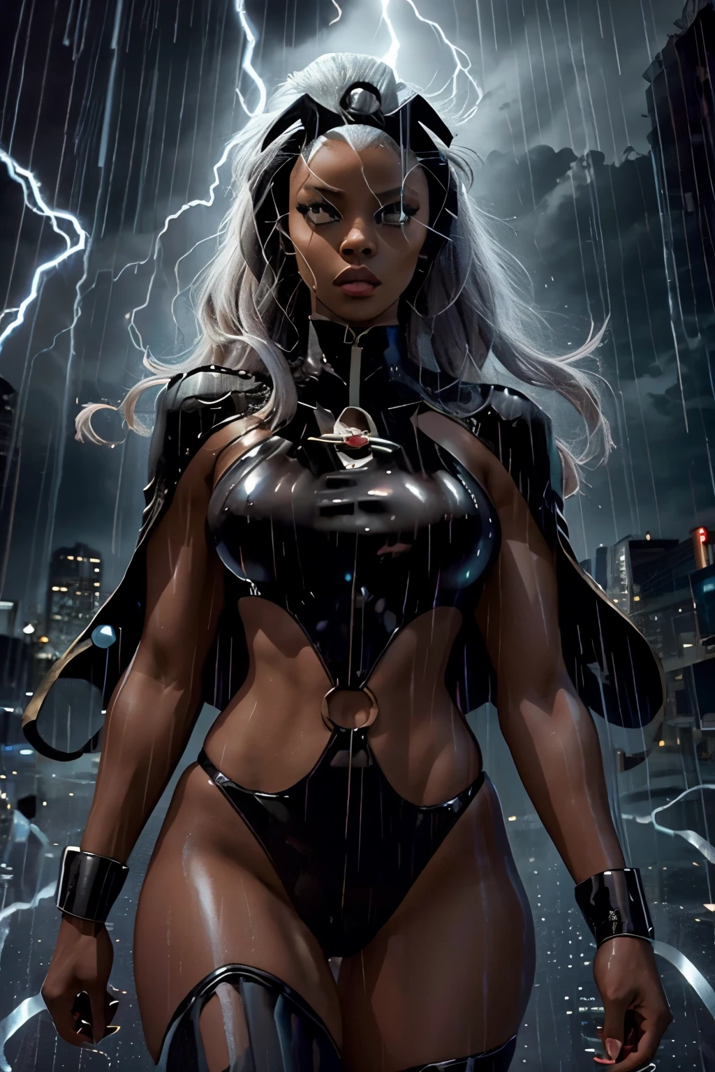 Storm（MARVEL）、Beautiful Black Woman、Big Breasts、 sexy body 、Wear Lightning、in the Rainy City