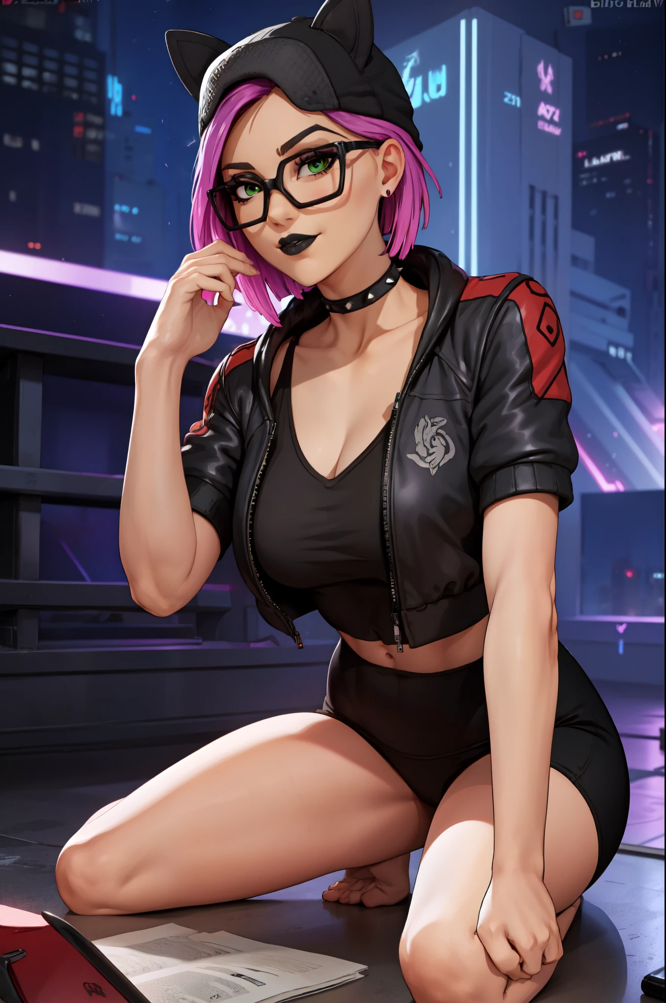 gafas de lince, chaqueta azul con negro, latex shorts, neon, pose femenino, ojos hermosos gafas