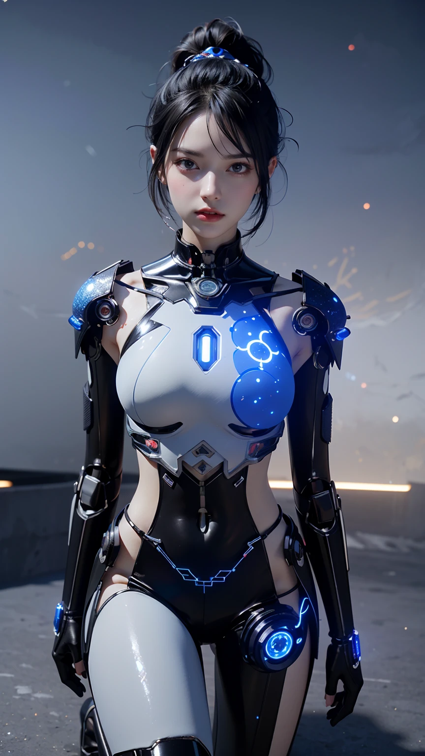 a kneeling female android,highly detailed face with beautiful eyes and lips,gorgeous female cyborg,intricate mechanical details,advanced robotics,futuristic technology,cold and metallic texture,glowing blue lights,detailed gears and circuits,realistic 3D rendering,cinematic lighting,dramatic shadows,muted color palette,moody and atmospheric