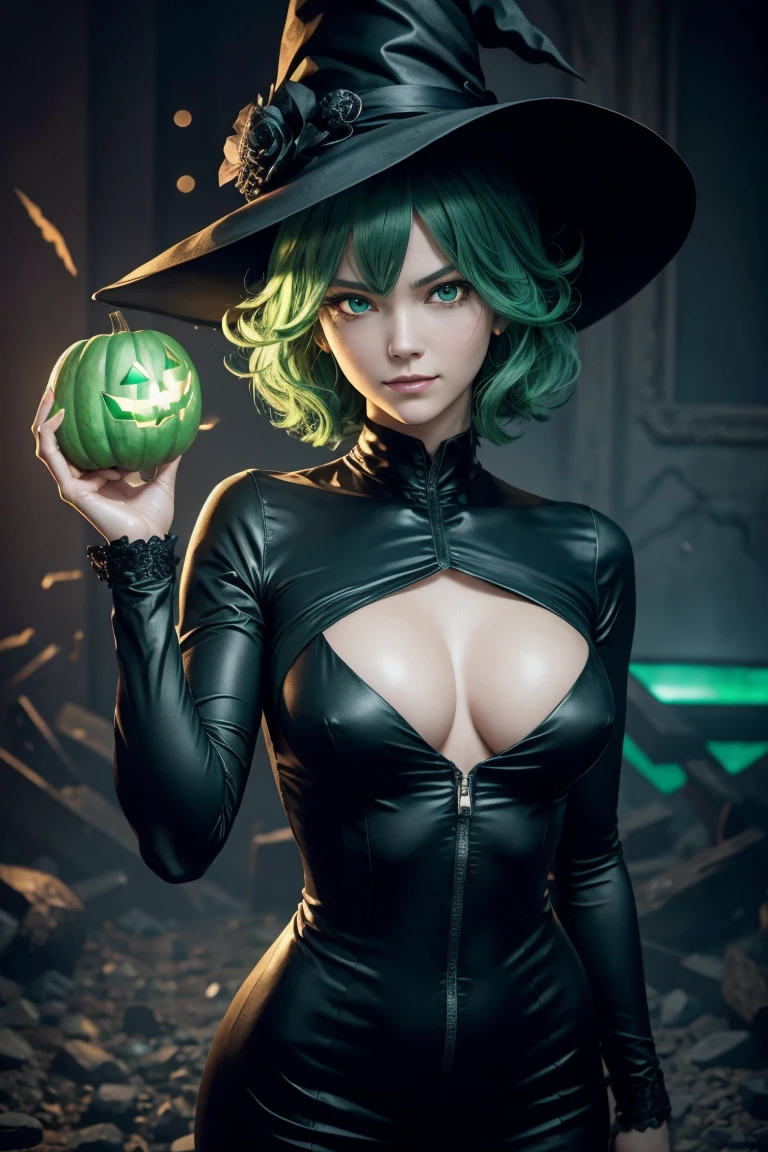 One Punch Man,Tatsumaki the Terrified,Black long dress, Emerald Green Eyes , emerald green hair with handcuffs, super high image quality , Super High Quality ,masterpiece, DSLR, photorealistic,Detailed details,Vivid details,Depicted in detail, detailed face in a business suit,Detailed details,Super Detail, Realistic Skin Texture ,Anatomical basis, perfect anatomy, Anatomically Correct Hands , Anatomically Correct Fingers , intricate 3d rendering , Sexy Poses,Small breasts,Ticker,Ray Tracing,Esper,Blizzard,emerald green aura ,smile,The front hair is even,Disheveled Hair,Halloween, halloween party, Jack O Lanterns ,Halloween Night, neon color , witch costume, witch hat ,Witch&#39;s Broom,Midnight Cemetery, Witch Cloak, happy halloween ,