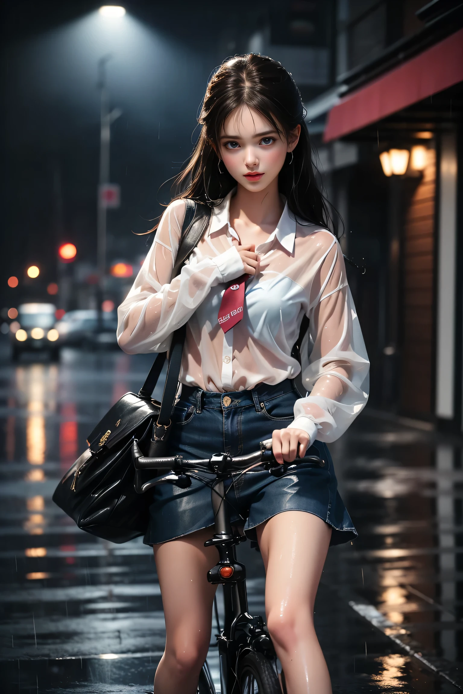 ((Girl riding a bicycle through lakeside park ))、(RAW shooting,  photorealistic:1.5, 8k, Highest quality, masterpiece,  super high image quality ), Perfect dynamic composition:1.2, Night Street Corner,  look up at the sky:1.3, (((Heavy rain from a typhoon))),  detailed skin and facial textures riding on a bicycle:1.2, 雨にwetスリムな女子高生:1.3, Sexy beauty,  perfect style:1.2, Aesthetic and beautiful , Fair skin,  very beautiful face , (Rain dripping all over my body:1. 2, wet髪:1.4, wet:1.2), Water droplets on the skin, ( medium chest, Chest gap),((Riding a bicycle)) ,(Shy laugh,  Expression when Feeling Intense Caress ,  Expression when feeling pleasure ), (Beautiful blue eyes, Beautiful erotic eyes:0.8), (Too erotic:0.9, Alluring:0.9), Cowgirl shot,  student bag, Perfect body, Perfect fingertips