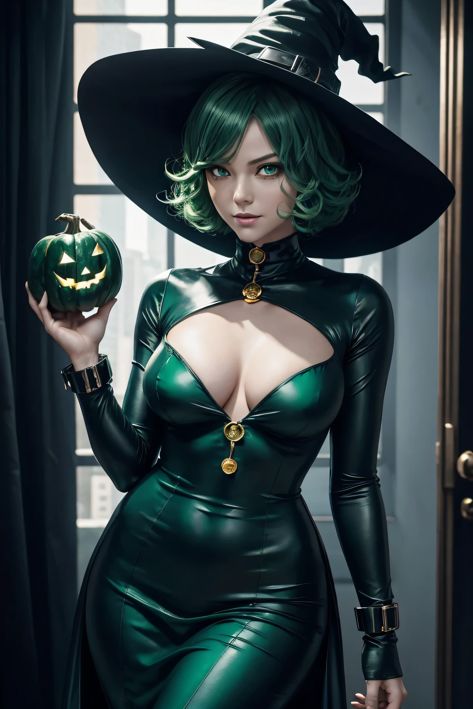 One Punch Man,Tatsumaki the Terrified,Black long dress, Emerald Green Eyes , emerald green hair with handcuffs, super high image quality , Super High Quality ,masterpiece, DSLR, photorealistic,Detailed details,Vivid details,Depicted in detail, detailed face in a business suit,Detailed details,Super Detail, Realistic Skin Texture ,Anatomical basis, perfect anatomy, Anatomically Correct Hands , Anatomically Correct Fingers , intricate 3d rendering , Sexy Poses,Small breasts,Ticker,Ray Tracing,Esper,Blizzard,emerald green aura ,smile,The front hair is even,Disheveled Hair,Halloween, halloween party, Jack O Lanterns ,Halloween Night, neon color , witch costume, witch hat ,Witch&#39;s Broom,Midnight Cemetery, Witch Cloak, happy halloween ,