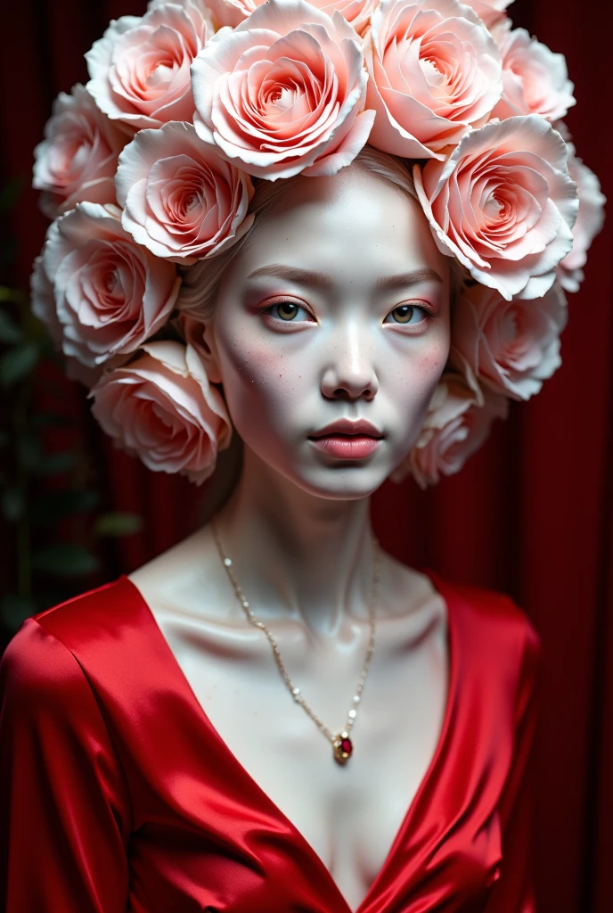 imagine-prompt:A photograph of an albino woman with mask, her head is made of roses,She wears a red silk top,photographed for magazine,3D render, realistic,a close-up shot using a Leica camera M7 and Kodak Portra Pro medium format film