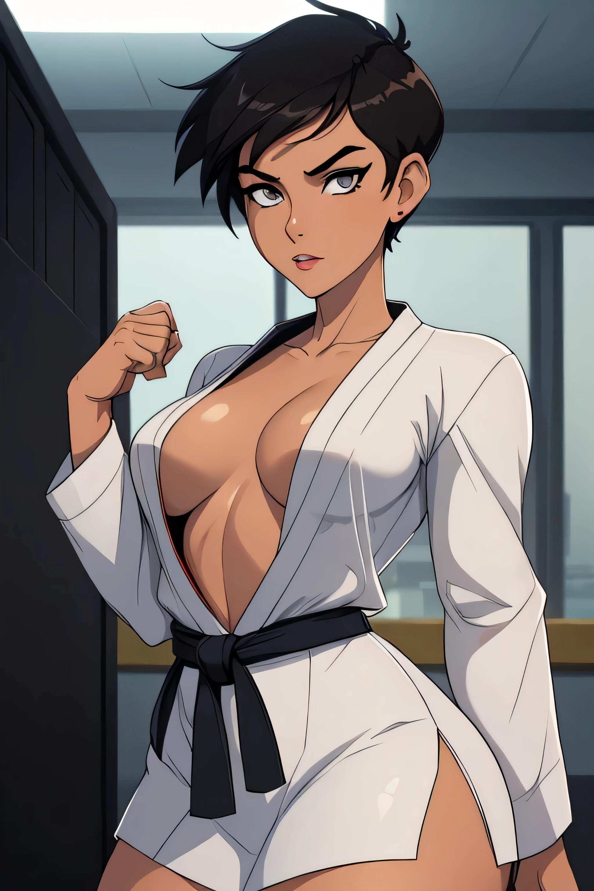 ((ultra quality)), ((masterpiece)), Lois Lane, short stature, ((black short hair tomboy hairstyle)), (Beautiful face), (beautiful female lips), (), charming, ((sexy facial expression)), looks at the camera, eyes slightly open, (light skin color), (light skin), glare on the body, ((detailed beautiful female eyes)), ((grey eyes)), (juicy female lips), (dark makeup, dark eyeliner, dark lipstick), (beautiful female hands), ((ideal female figure)), ideal female body, beautiful waist, gorgeous thighs, beautiful small breasts, ((subtle and beautiful)), sexy worth (), (karate gi), wearing a karate black belt, athletic build, background: karate dojo, ((depth of field)), ((high quality clear image)), (clear details), ((high detail)), realistically, professional photo session, ((Clear Focus)), anime