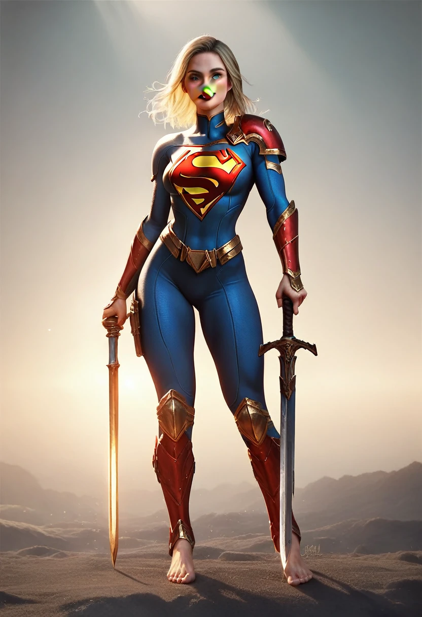 ((full body photo, standing, feet on the ground)) Supergirl Gal Gadot, dynamic pose, armor, holding sword, smile on face, detailed body, detailed, breasts, detailed face, detailed eyes, war armor, neutral background , long heroine cover, character lighting
