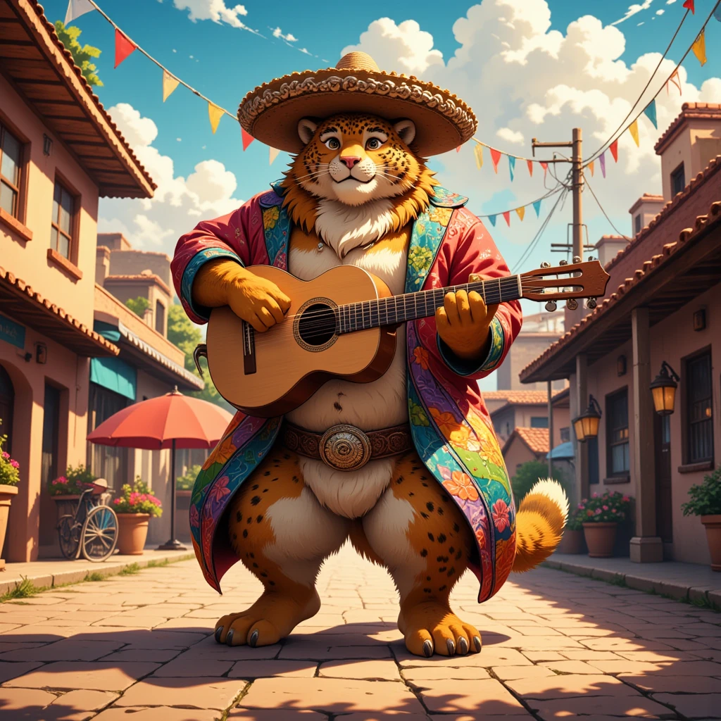 character focus, full body, looking away, dynamic angle, a mariachi, middle-aged mexican jaguar man, happy, light smile, costume clothes, guitar, suit, pants, standing, musical performance, dynamic pose, BREAK full body in Michelangelo Buonarroti style, housamo style, digital illustration anime, detailed painting landscape, mexican street, outdoor, full color, HDR, BREAK complete anatomy, perfect proportions, beautiful thigh gap, fluffy body, intricate fur details, beautiful fur texture, BREAK a detailed jaguar 1tail, detailed toe, 5toes, 5toes nails, beautiful foot, detailed hands, 5fingers, 5fingers nails, BREAK aesthetic anime face, insanity detailed face, male face, big face, square jawline, aesthetic anime eyes, detailed brown eyes, detailed brown cornea, detailed dark brown irises, detailed pupils, male eyes, big eyes, male eyebrows, innocent look, beautiful beard, BREAK masterpiece, official art, best quality, very aesthetic, absurdres, super fine illustration, great quality, BREAK noise reduction, very highres, large filesize, high quality, 32K, 8k wallpaper, dynamic lighting, BREAK insanity detailed, ultra detailed, intricate details, extremely detailed, detailed texture, an extremely delicate and beautiful, BREAK e621 illustration, osukemo, kemohomo, anthropomorphic, furry, cartoon, harmonious body, pastoral face, virtuous eyes, happy atmosphere