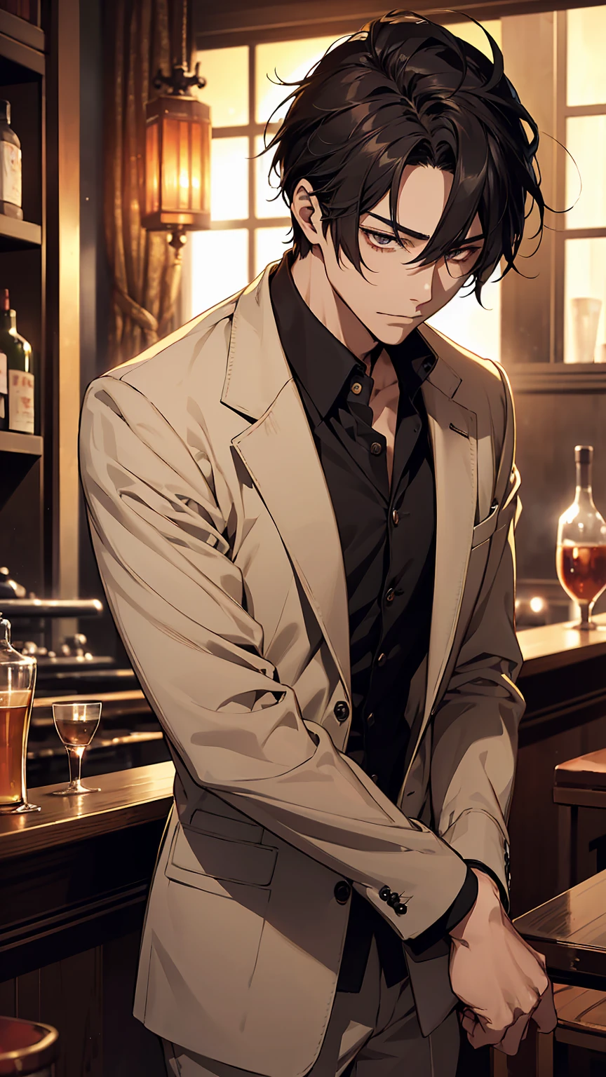 Naoki Saimon is depicted as a refined and mature Japanese man with a calm, intellectual presence. He has sharp features, and his black hair is slightly tousled, reaching his shoulders. He wears a stylish, dark-colored suit with a few buttons undone on his dress shirt, giving him a relaxed yet sophisticated vibe. His eyes are intense and expressive, hinting at a poetic soul. The background shows a dimly lit jazz bar with warm, golden lighting, which enhances his composed and enigmatic aura.
