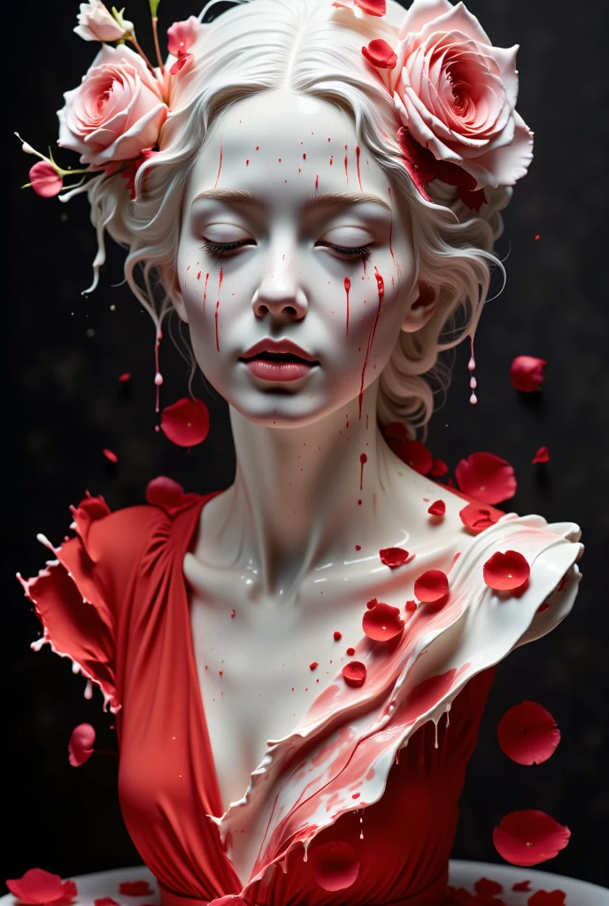 imagine-prompt:A photograph of an albino woman with mask, her head is made of roses,She wears a red silk top,photographed for magazine,3D render, realistic,a close-up shot using a Leica camera M7 and Kodak Portra Pro medium format film