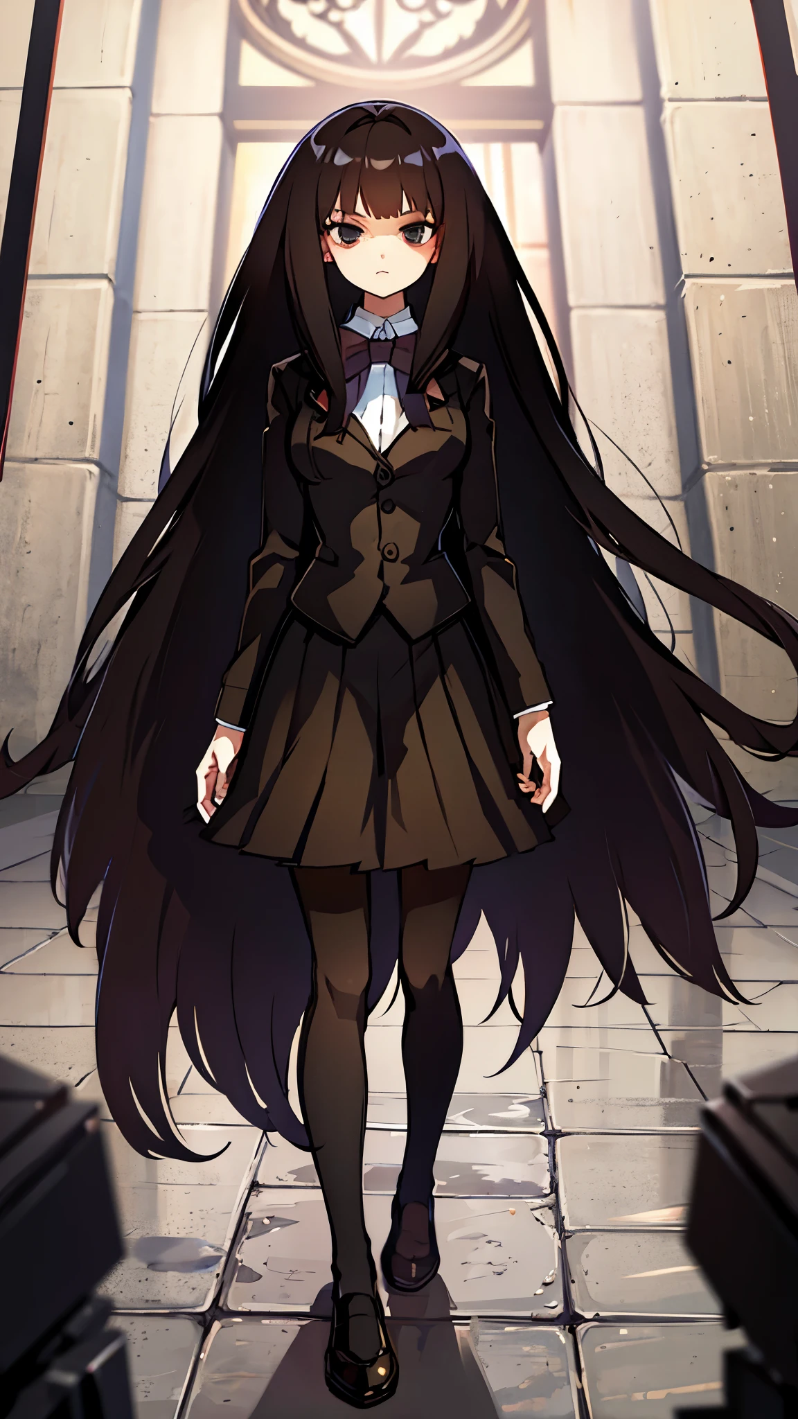 ultra high res, Best quality, UHD, adult body shape, standing, full body shot, long black hair,  pantyhose (black), wearing a brown blazer, school uniform, dark brown bowtie, looking at the enemy with a stern expression, looking down, upward glance, anime style, intricate details, line:-3.5, sharpen, 32k, plain, masterpiece, intense gaze, dark eyelashes, slightly hanging eyes, black skirt
