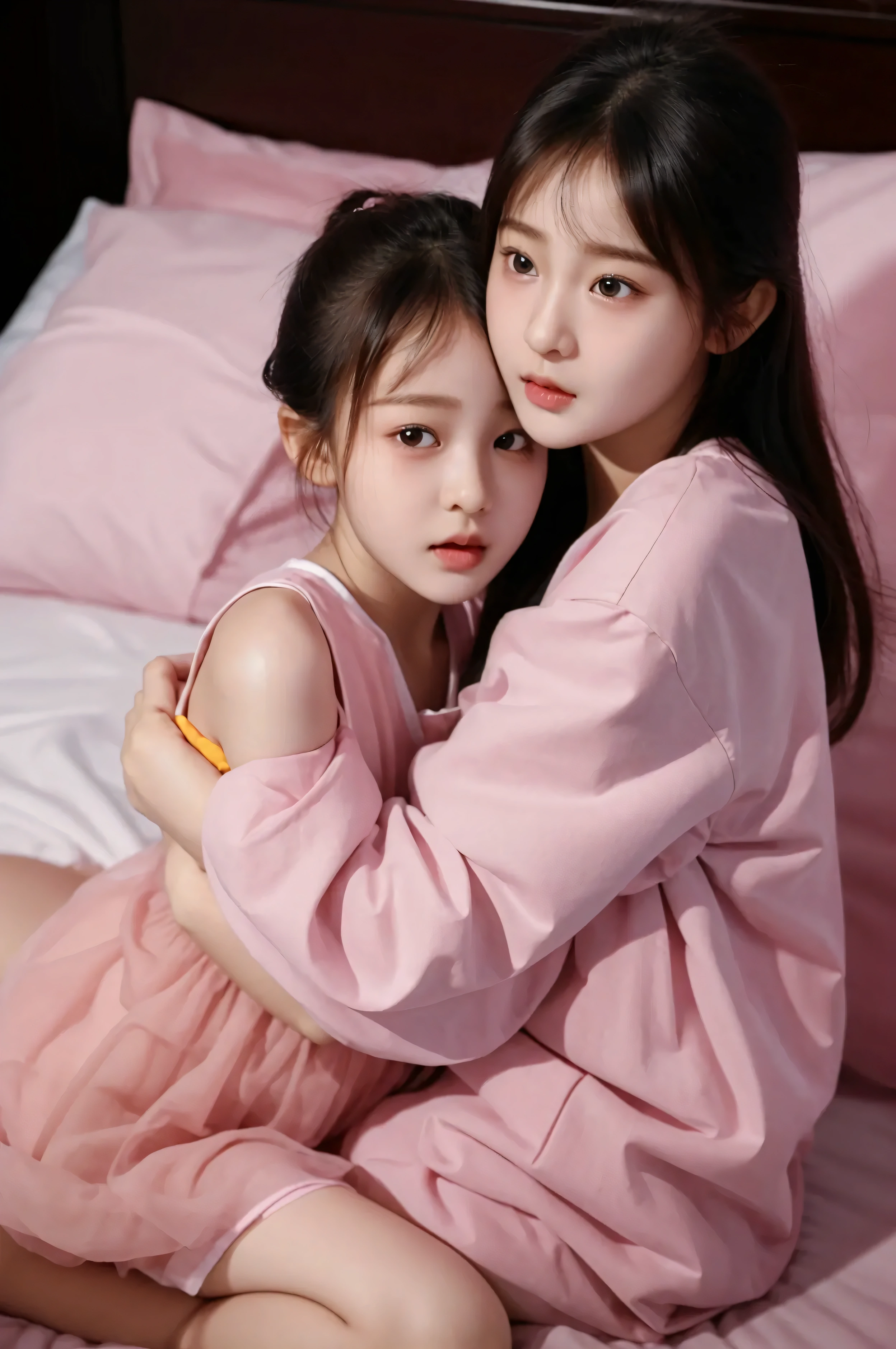 Ultra high resolution, Ultra high quality, UHD, 16k, Super detail, Super detailed face, Anatomically correct, Accurate, Girl and young sister, hugging and kissing, wearing short Pink piyama, in bed, full body view, girl and young sister, focus kissing,