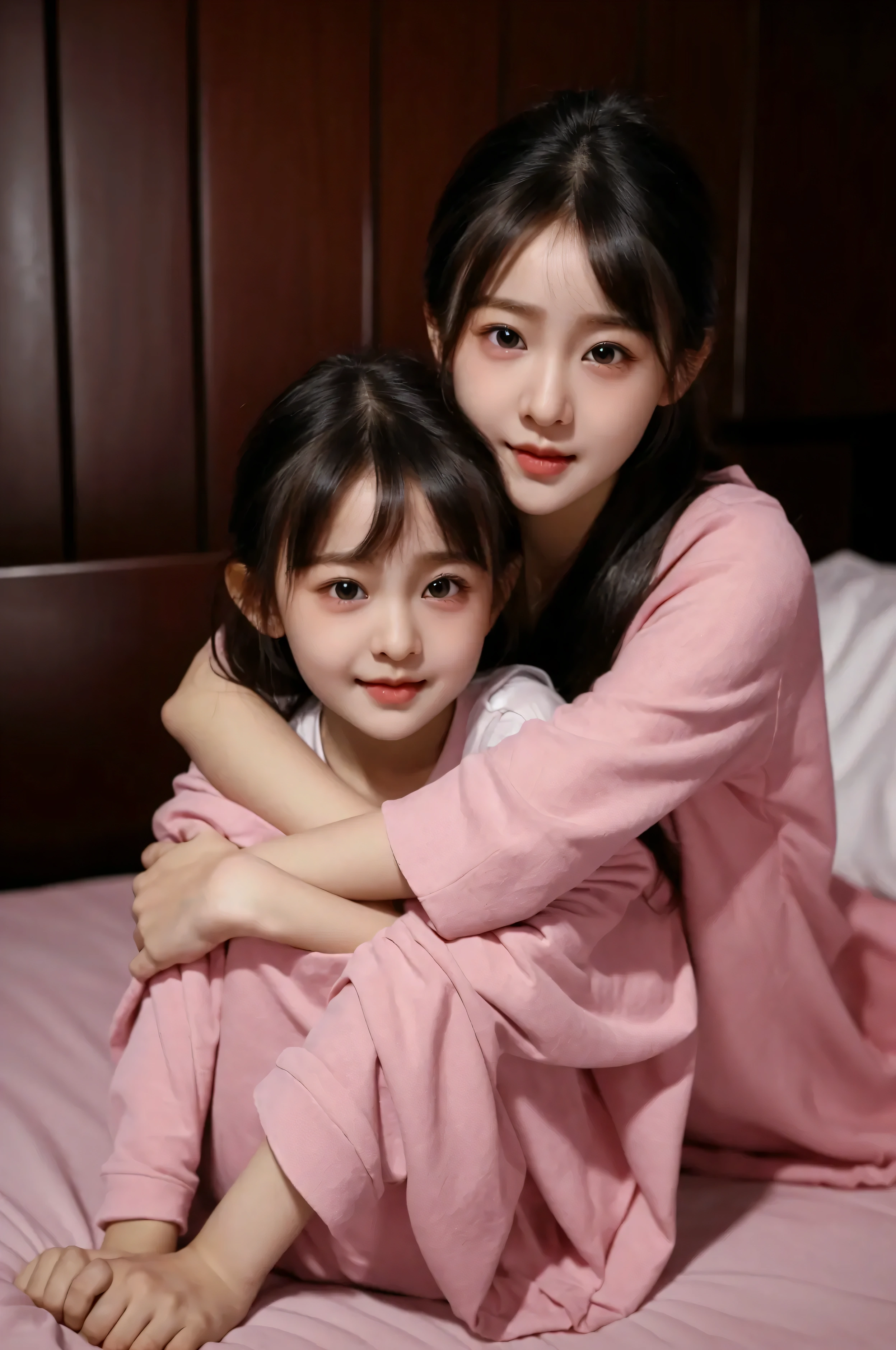 Ultra high resolution, Ultra high quality, UHD, 16k, Super detail, Super detailed face, Anatomically correct, Accurate, Girl and young sister, hugging and kissing, wearing short Pink piyama, in bed, full body view, girl and young sister, focus kissing,