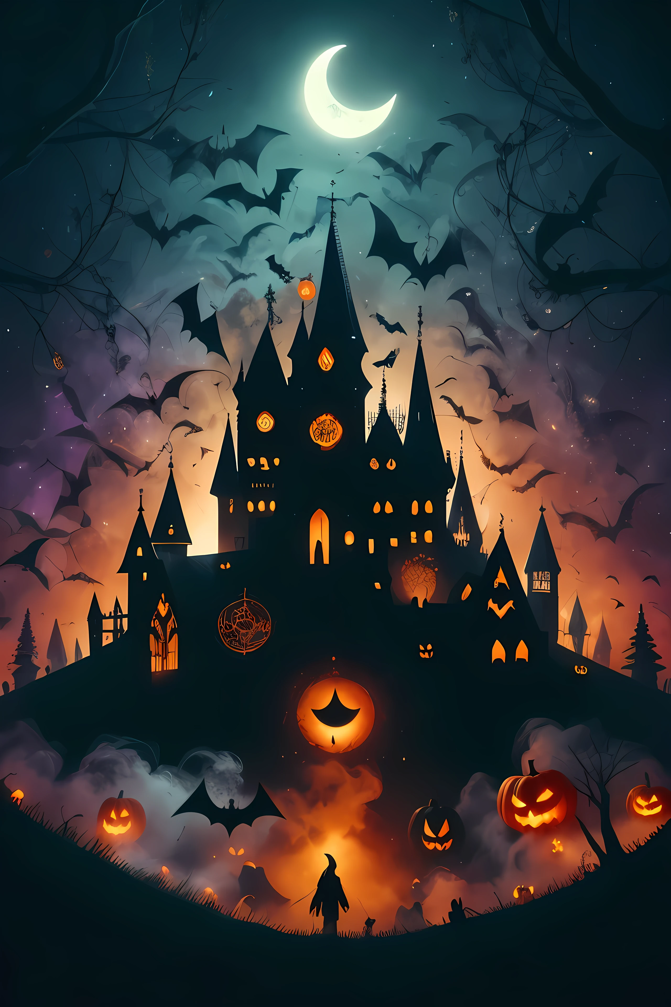 Haunting Halloween scene, with castle, moon, bats and trees, in the style of vibrant color gradients, dark orange and dark black, Silhouette, vector flat illustration, eye-catching composition --ar 7:4