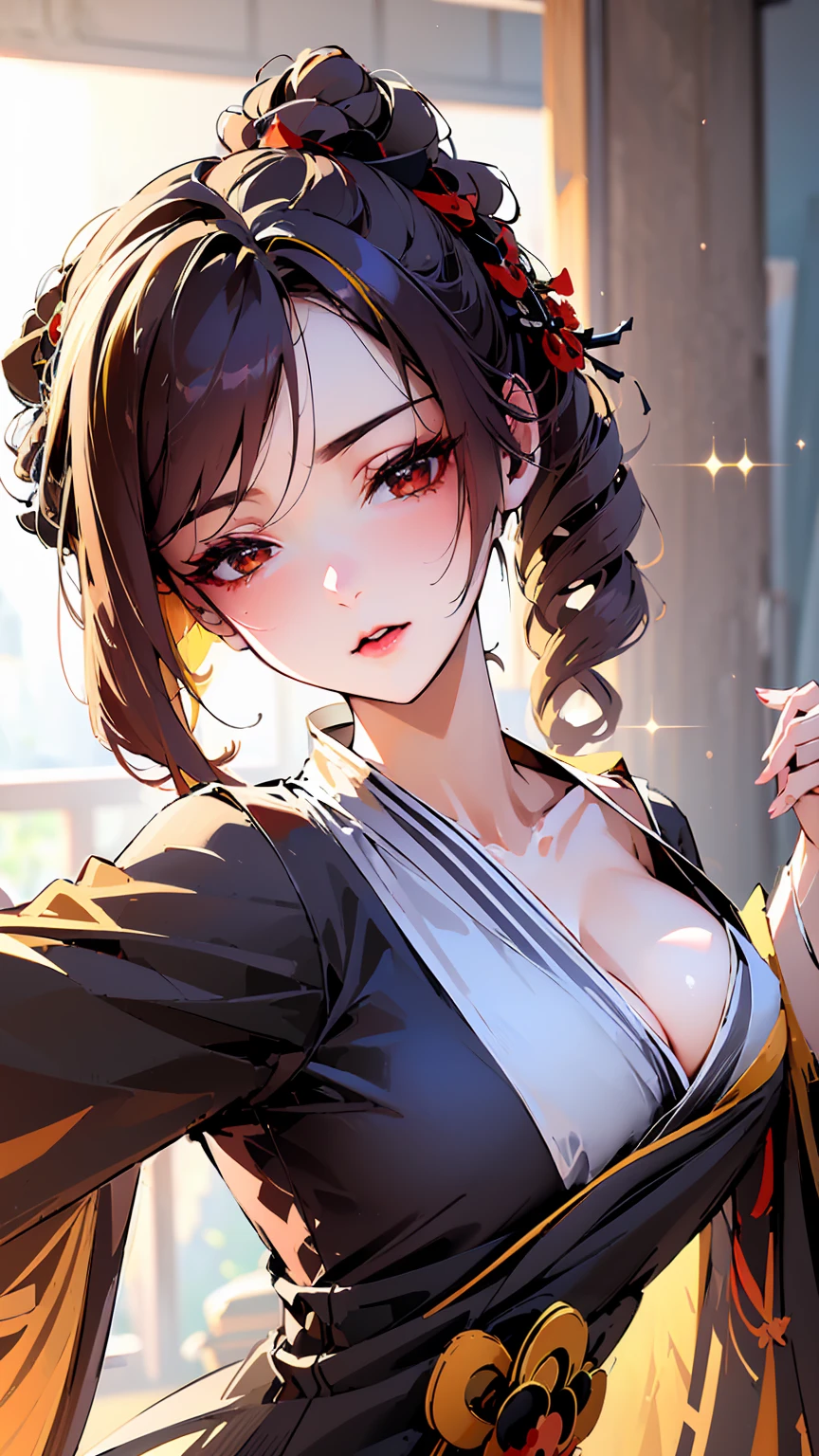 ((Masterpiece)), ((best quality)), (RAW photo: 1.3), (High Definition), ((highly detailed eyes)),(rendering by octane, hdr, (ultra - detailed:1.25), (Soft light, Sharp:1.2), 1girll, Beautiful girl, dark brown  hair, hyper detail eyes, Kimono made of golden silk, Ultra-fine texture kimono, Exposed cleavage, areola visible, Sexy, Indoors, Exposed shoulders, Sexy, shoulders are visible, black stockings, Beautiful face, eye shadows, Beautiful,little small dolls dancing around as background 