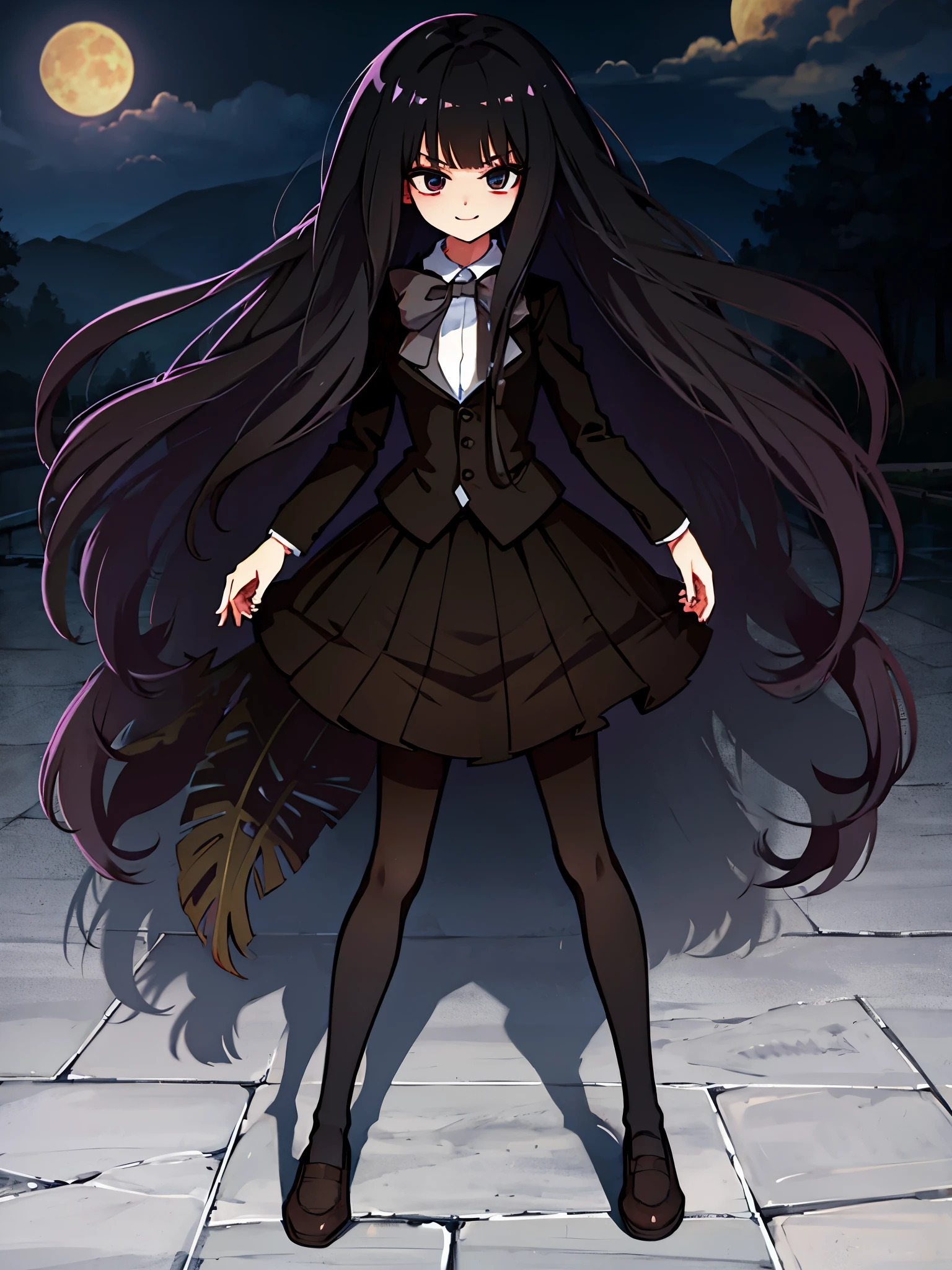 ultra high res, Best quality, UHD, adult body shape, standing, full body shot, long black hair, pantyhose (black), crazy eyes, crazy smile, wearing a brown blazer, school uniform, dark brown bowtie, moon night, anime style, intricate details, line:-3.5, sharpen, 32k, plain, masterpiece, intense gaze, dark eyelashes, slightly hanging eyes, black skirt