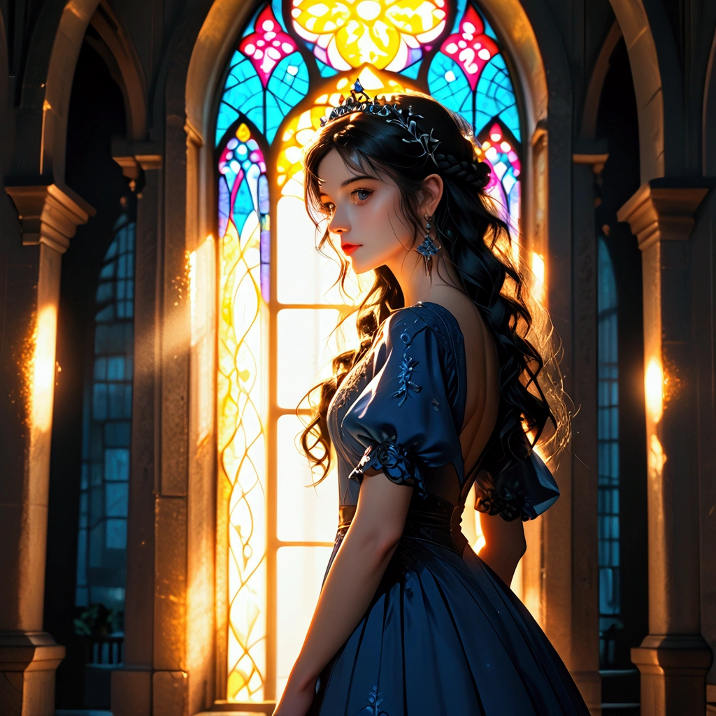 Hyperrealistic portrait, 8k: A single girl in a flowing sapphire blue dress, her long black hair in a braid, stands within a gothic cathedral. Sunlight streams through magnificent stained-glass windows, illuminating her and casting shadows from bare trees outside. Intricate details, cinematic lighting, artstation trending, style of Greg Rutkowski and Alphonse Mucha.