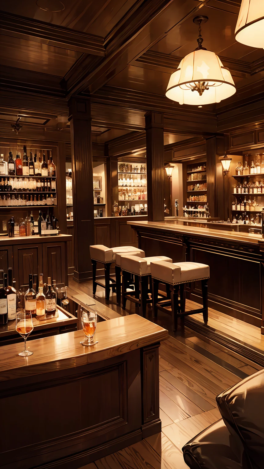 A stylish shot bar with dim, sophisticated lighting illuminating the space. At the center, a luxurious wooden counter is highlighted, with a back bar fully stocked with hard liquors like Scotch, bourbon, and whiskey. The setting is somewhat dark, but warm, ambient lighting creates an inviting atmosphere. Rich leather seats and deep-toned wood furniture complete the scene, giving a sense of quiet elegance and refinement.