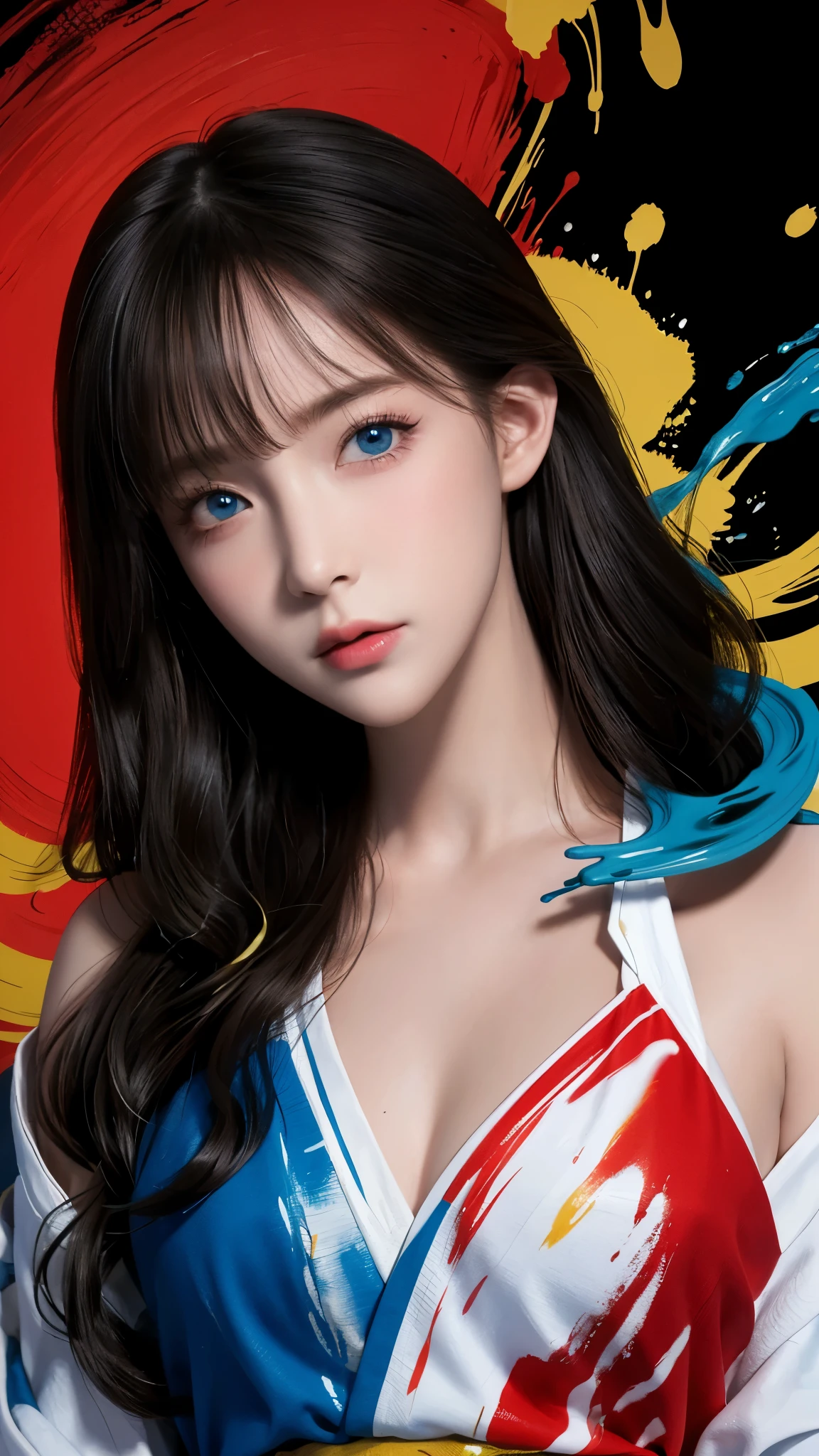 masterpiece, best quality, 8k,masterpiece, (masterpiece, best quality, high resolution), Color paint background((acrylic paint, (splash of color, splash ink, splash of color)), Detailed skin texture, Detailed fabric texture, hanfu,beautifull detailed face, intricate details, Super detailed, blue eyes, head tilt,
