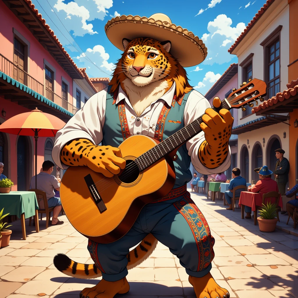 character focus, full body, looking away, dynamic angle, a mariachi, middle-aged mexican jaguar man, happy, light smile, costume clothes, guitar, suit, pants, standing, musical performance, dynamic pose, BREAK full body in Michelangelo Buonarroti style, housamo style, pop-style illustration, detailed painting landscape, mexican street, outdoor, full color, HDR, BREAK complete anatomy, perfect proportions, beautiful thigh gap, fluffy body, intricate fur details, beautiful fur texture, BREAK a detailed jaguar 1tail, detailed toe, 5toes, 5toes nails, beautiful foot, detailed hands, 5fingers, 5fingers nails, BREAK aesthetic anime face, insanity detailed face, male face, big face, square jawline, aesthetic anime eyes, detailed brown eyes, detailed brown cornea, detailed dark brown irises, detailed pupils, male eyes, big eyes, male eyebrows, innocent look, beautiful beard, BREAK masterpiece, official art, best quality, very aesthetic, absurdres, super fine illustration, great quality, BREAK noise reduction, very highres, large filesize, high quality, 32K, 8k wallpaper, dynamic lighting, BREAK insanity detailed, ultra detailed, intricate details, extremely detailed, detailed texture, an extremely delicate and beautiful, BREAK e621 illustration, osukemo, kemohomo, anthropomorphic, furry, cartoon, harmonious body, pastoral face, virtuous eyes, happy atmosphere