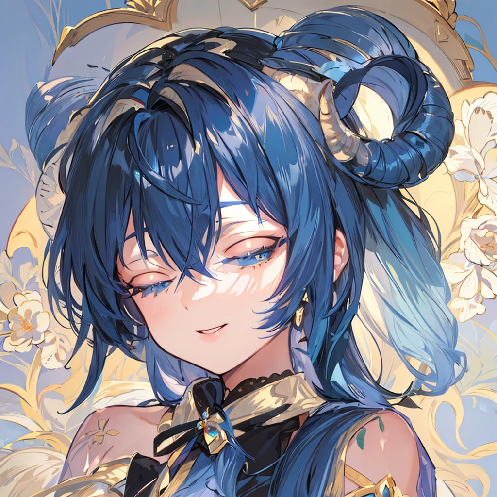 ( best quality, masterpiece,  high quality , delicate description, Elaborate painting).  Shining hair ,  long pigtail hairstyle, dark blue hair, A sheep&#39;s horn on its head, ((((((((((((((Eyes closed )))))))))))))), (((((closed eyes)))))