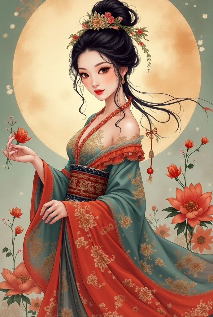   Ancient Chinese Beauty  ,  Charming Quality ,  Flowing Long Skirt , Clear Face,  Beautiful Eyes, Floral Surrounded ,  Perfect Body Structure Proportional Masterpiece,  Super Detailed , Epic composition,  Colored Tattoo Art ,  New Traditional Tattoo Art ,  SD Tattoo Design ,  Colored Tattoo Art ,  Mysterious Warm Friendly Atmosphere , Hyper-realistic painting,  Ultra HD , high quality, 最high quality, 32k --v 6