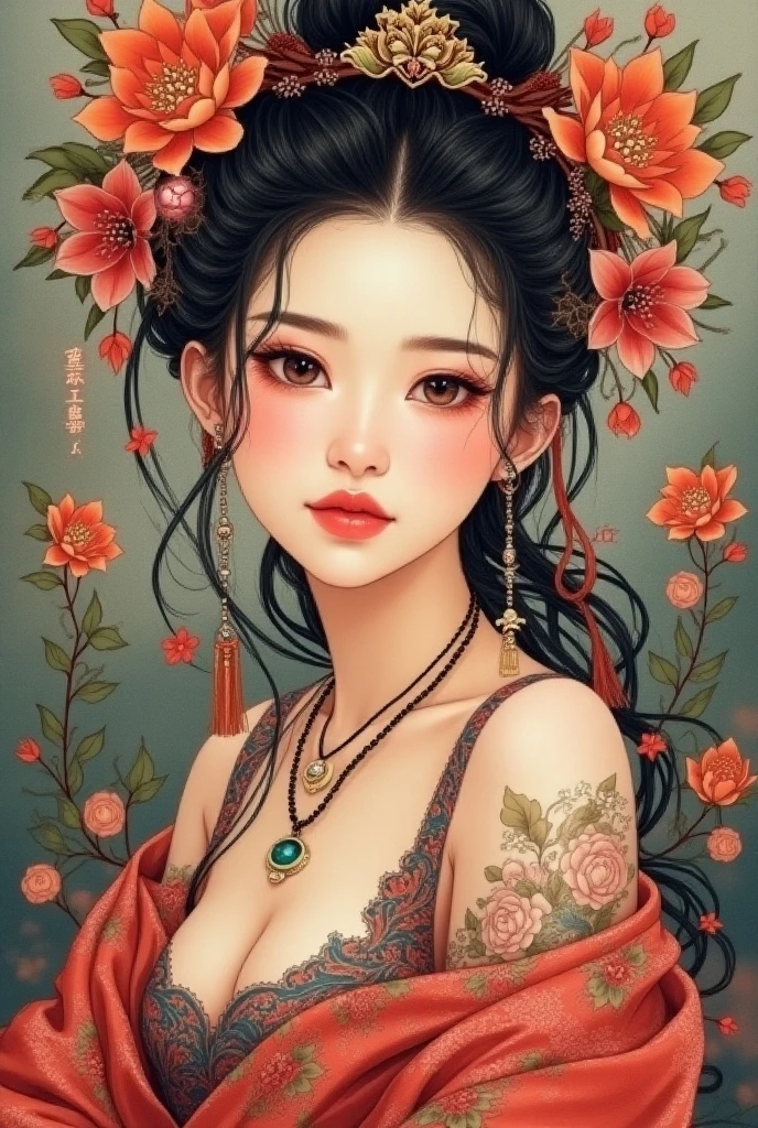   Ancient Chinese Beauty  ,  Charming Quality ,  Flowing Long Skirt , Clear Face,  Beautiful Eyes, Floral Surrounded ,  Perfect Body Structure Proportional Masterpiece,  Super Detailed , Epic composition,  Colored Tattoo Art ,  New Traditional Tattoo Art ,  SD Tattoo Design ,  Colored Tattoo Art ,  Mysterious Warm Friendly Atmosphere , Hyper-realistic painting,  Ultra HD , high quality, 最high quality, 32k --v 6