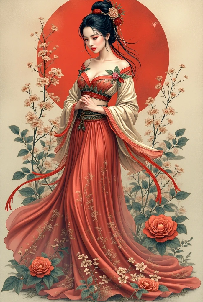   Ancient Chinese Beauty  ,  Charming Quality ,  Flowing Long Skirt , Clear Face,  Beautiful Eyes, Floral Surrounded ,  Perfect Body Structure Proportional Masterpiece,  Super Detailed , Epic composition,  Colored Tattoo Art ,  New Traditional Tattoo Art ,  SD Tattoo Design ,  Colored Tattoo Art ,  Mysterious Warm Friendly Atmosphere , Hyper-realistic painting,  Ultra HD , high quality, 最high quality, 32k --v 6