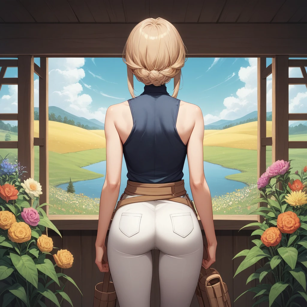 A wooden picture frame is placed on a tripod in a wide grassland filled with colorful flowers., フレーム内の視点は very detailed な写真です,  The outside view of the frame is an anime-style image, Back view of a woman looking into a picture frame, Hiker-style woman, Wear tight pants, A strange worldview, Parallel World Style, Space Distortion, (masterpiece:1.4), (Best Quality:1.4),  very detailed , Complex,  very detailed な, shape,colorful, Colorized,