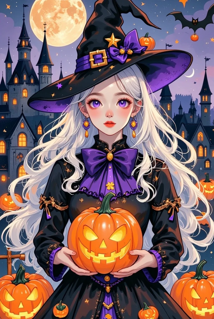 Halloween, festive atmosphere, handsome male vampire, long white hair, holding a pumpkin lamp, Close Shot，moon in the sky, Harry Potter architecture as background，masterpiece，best quality, Arthur Rackham --style expressive