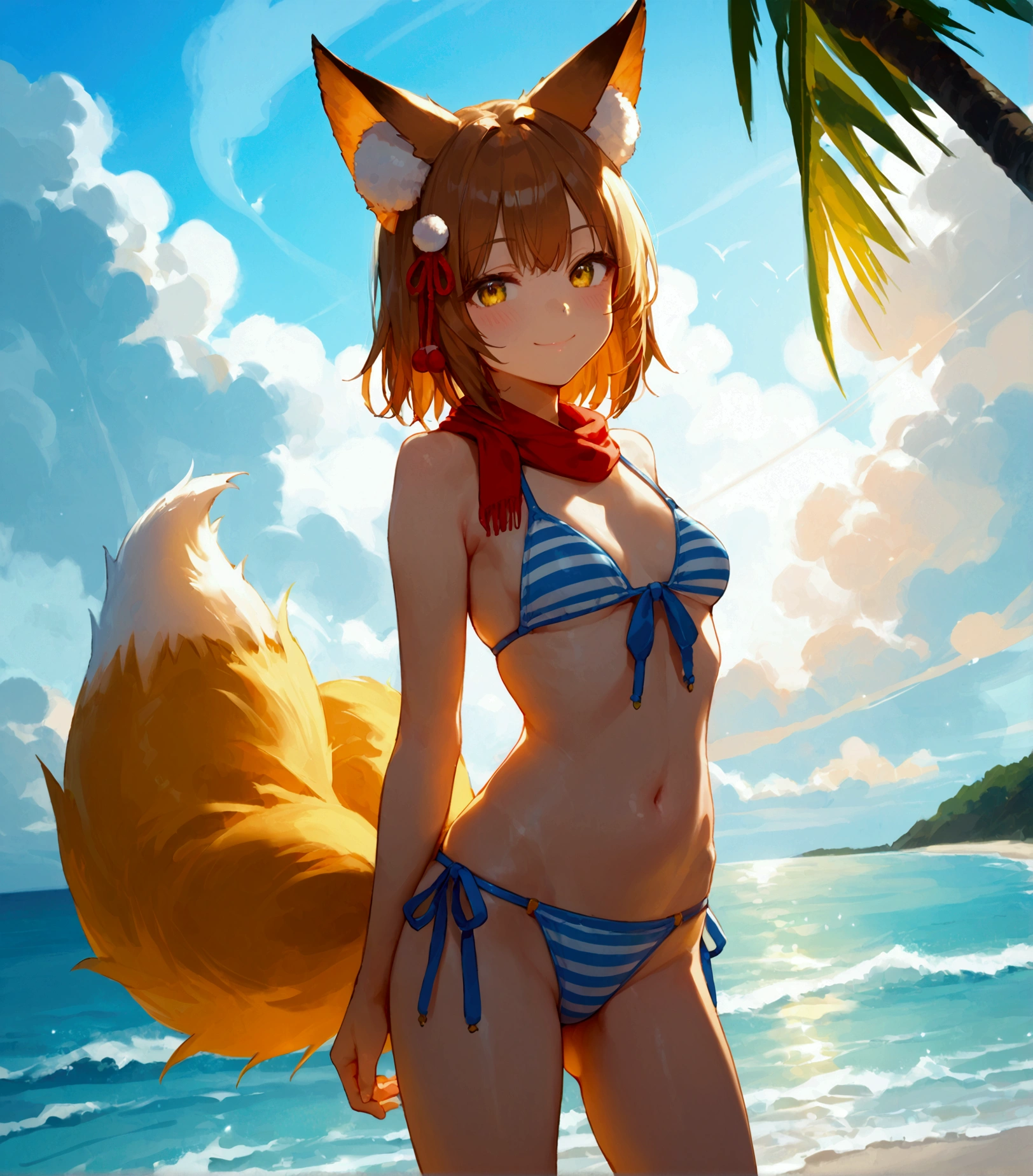 1girl, beach, animal ears, :3, smile, closed mouth, bikini, blush, breasts, brown hair, flexible, fox ears, fox girl, fox tail, front-tie bikini top, front-tie top, hair ornament, highleg, highleg bikini, leg lift, looking at viewer, pom pom hair ornament, red scarf, scarf, short hair, small breasts, solo, split, standing, standing on one leg, standing split, striped bikini, striped clothes, swimsuit, tail, visor cap, yellow eyes, hands, score_9_up, score_8_up, masterpiece, best quality, detailed skin texture, (blush:0.2), (goosebumps:0.3), subsurface scattering