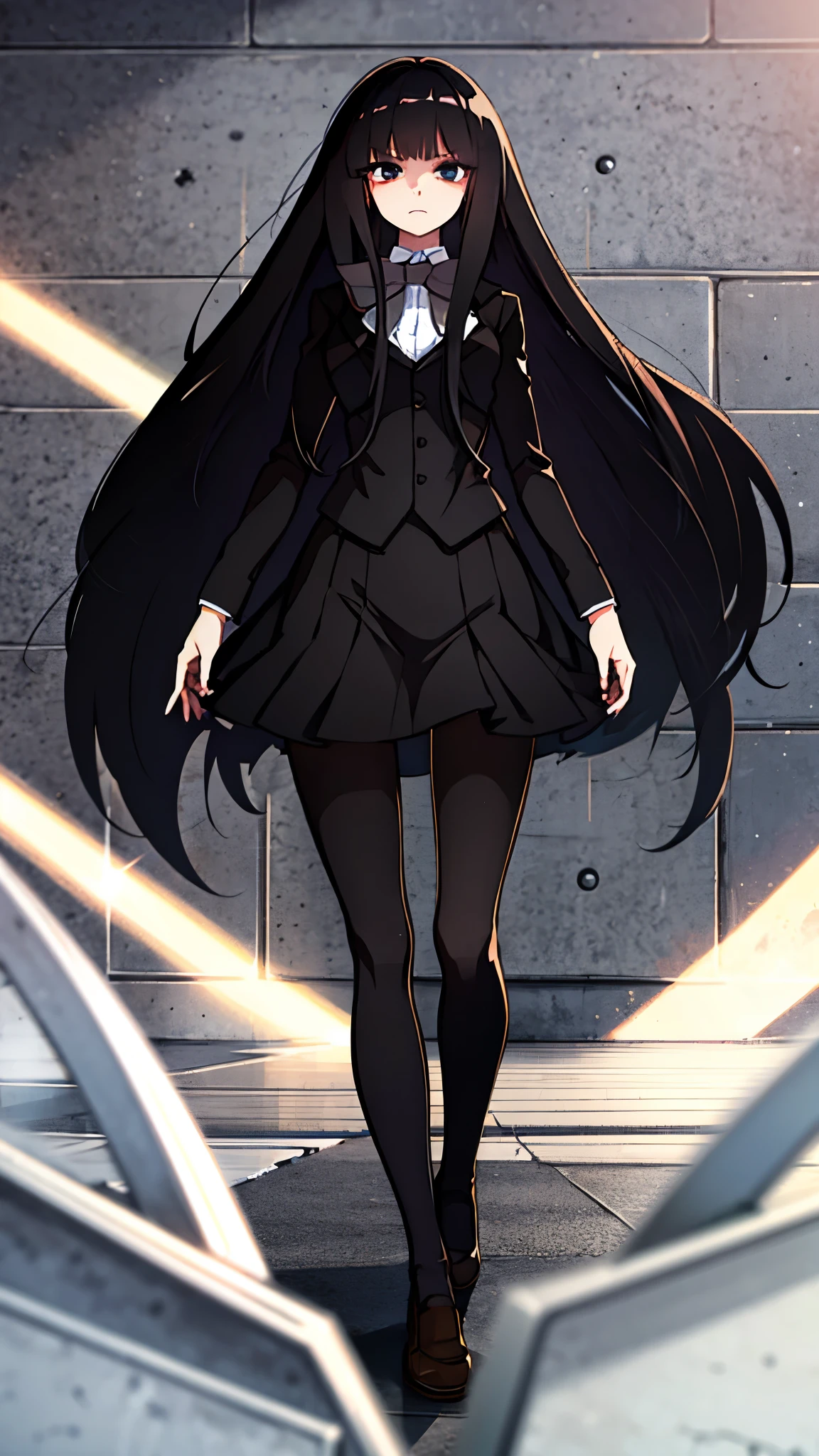 ultra high res, Best quality, UHD, adult body shape, standing, full body shot, long black hair,  pantyhose (black), wearing a brown blazer, school uniform, dark brown bowtie, looking at the enemy with a stern expression, looking down, upward glance, anime style, intricate details, line:-3.5, sharpen, 32k, plain, masterpiece, intense gaze, dark eyelashes, slightly hanging eyes, black skirt
