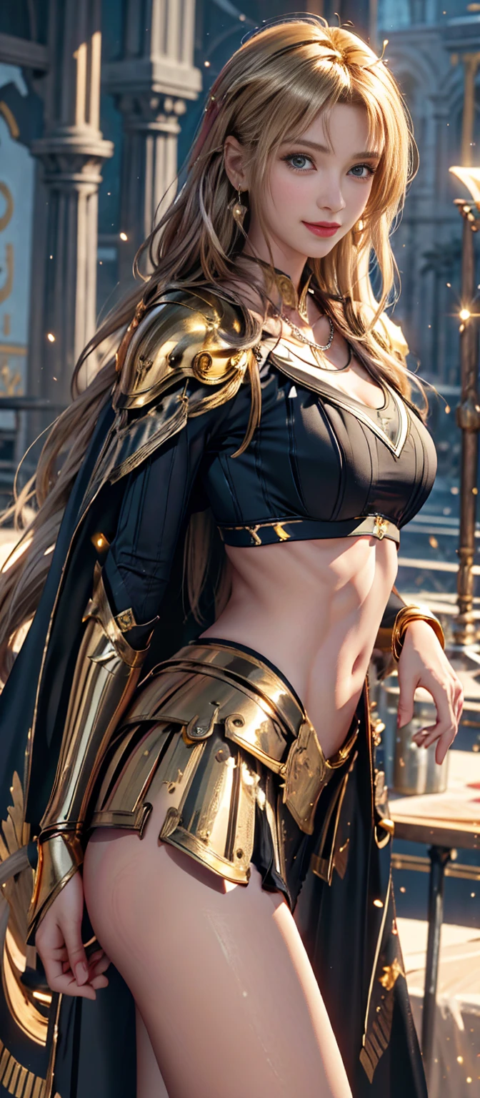  best quality , Masterpiece Ultra High Definition , Original photo,  woman, (( slender body )), ((Waving Sardines)), Cinema Lighting,  very long hair ,  beautiful eyes, wind,  necklace ,  earrings with cups, (( Metallic Gold Armor)), ((Ironic Outfit)), ((Ultra Shiny Gold Armor )), ((Electric Cape)), ((Waist)), (()), ((Glowing neon)), ((Realistic)), At the Palace, Night Weather,  Cinematic Poses ,Sailor Moon、Slender beauty、smile