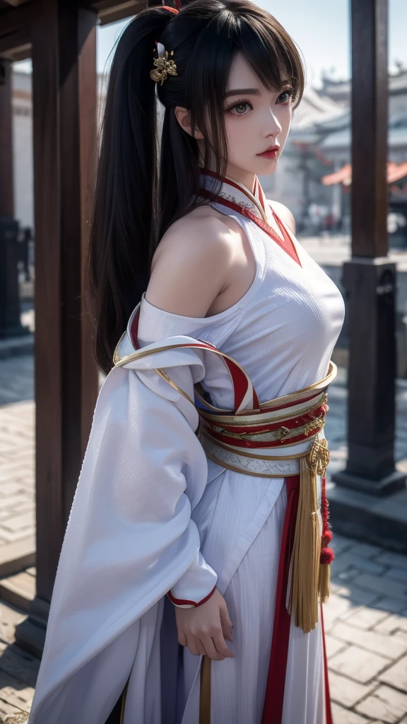 (8k, RAW photo, best quality, masterpiece:1.2), (realistic, photo-realistic:1.4),octane rendering, highres, ultra-detailed, extremely detailed, depth of field, a beautiful woman ,hanfu,ancient architecture,The overall composition should have the focus on the character's appearance, felsa