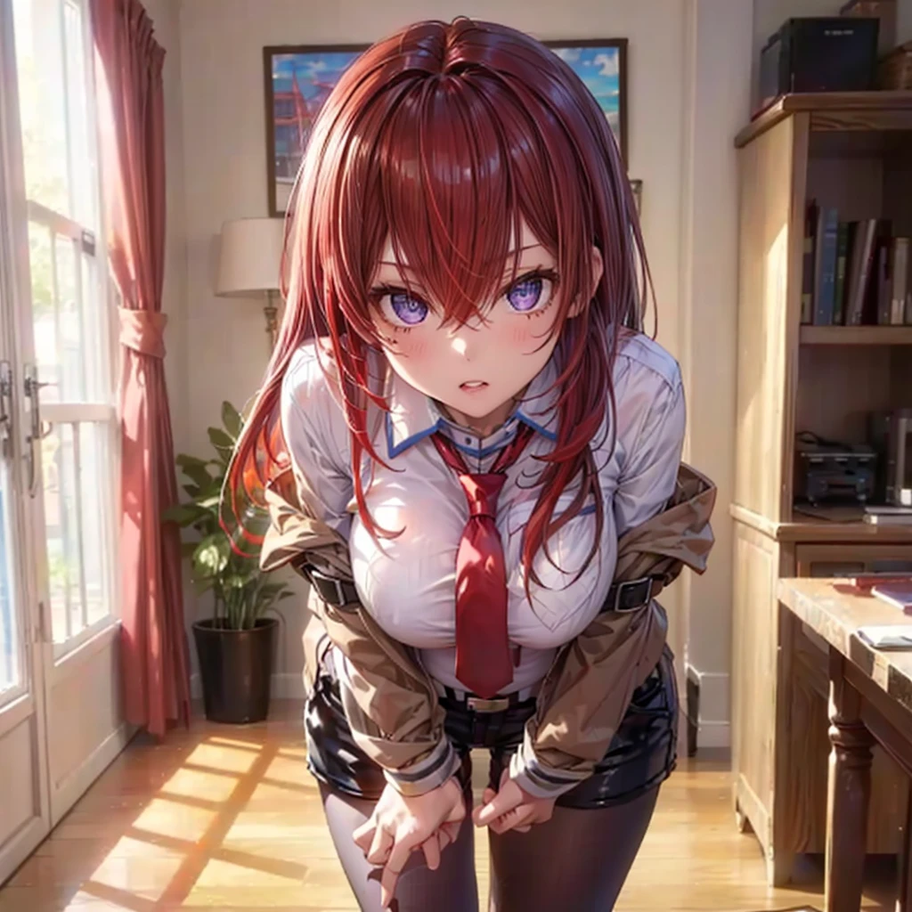 ((masterpiece), (best quality), ultra high res, 1girl, long hair, (red hair:1.5), long hair, eyes visible through hair, bangs, hair between eyes, blue eyes, purple eyes, shorts, pantyhose, jacket, shirt, red necktie, necktie, belt, white shirt, legwear under shorts, brown jacket, short shorts, long sleeves, black pantyhose, room, leaning forward, hands on waist, arm outstretched, finger pointing, index finger, pointing at the viewer, portrait, looking at the viewer,pregnant,huge breast