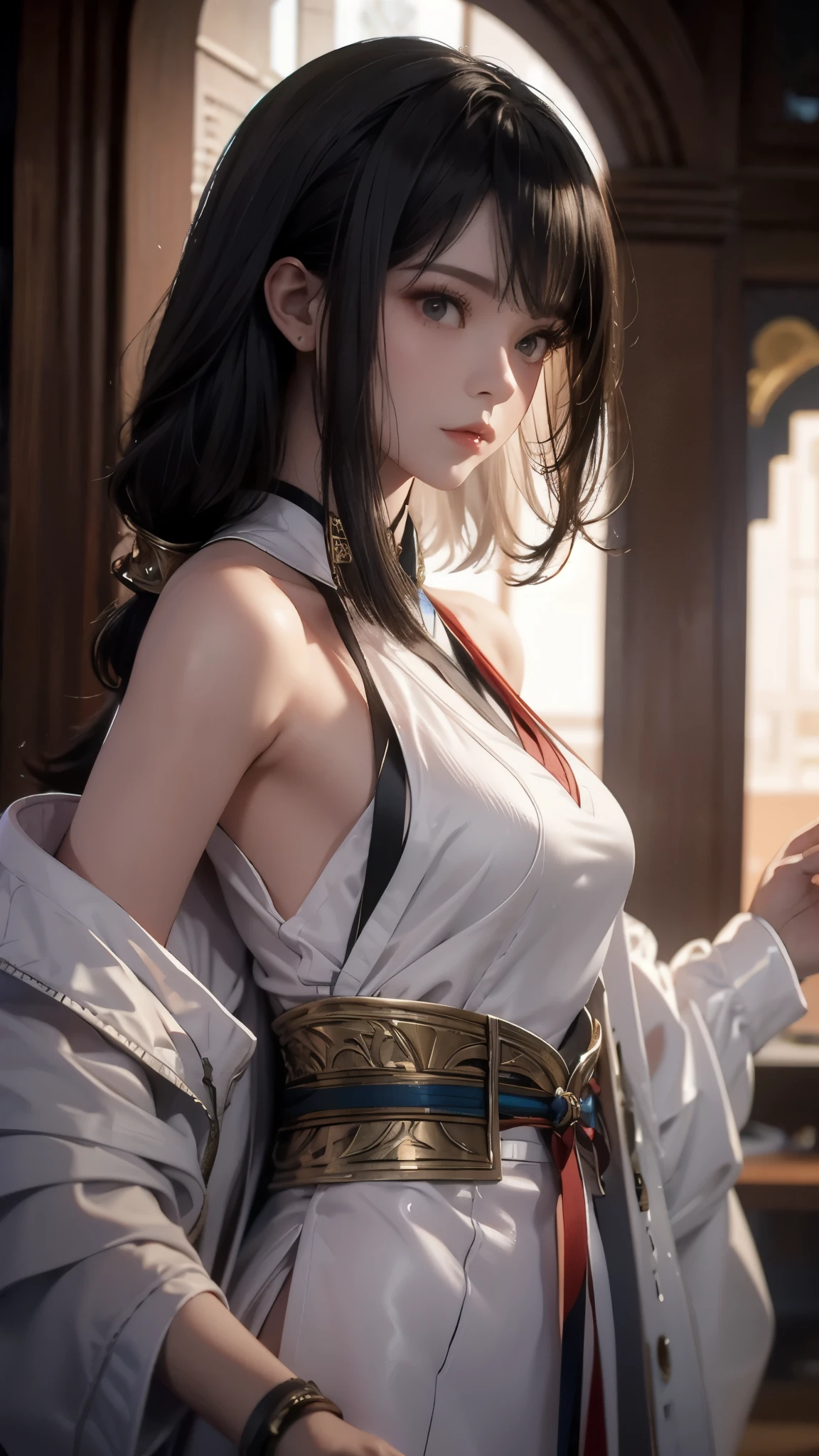 (8k, RAW photo, best quality, masterpiece:1.2), (realistic, photo-realistic:1.4),octane rendering, highres, ultra-detailed, extremely detailed, depth of field, a beautiful woman ,hanfu,ancient architecture,sharp eyes,shiny eyes,shiny skin,armlets,random pose,dynamic angle,backlighting:1.4,The overall composition should have the focus on the character's appearance, felsa