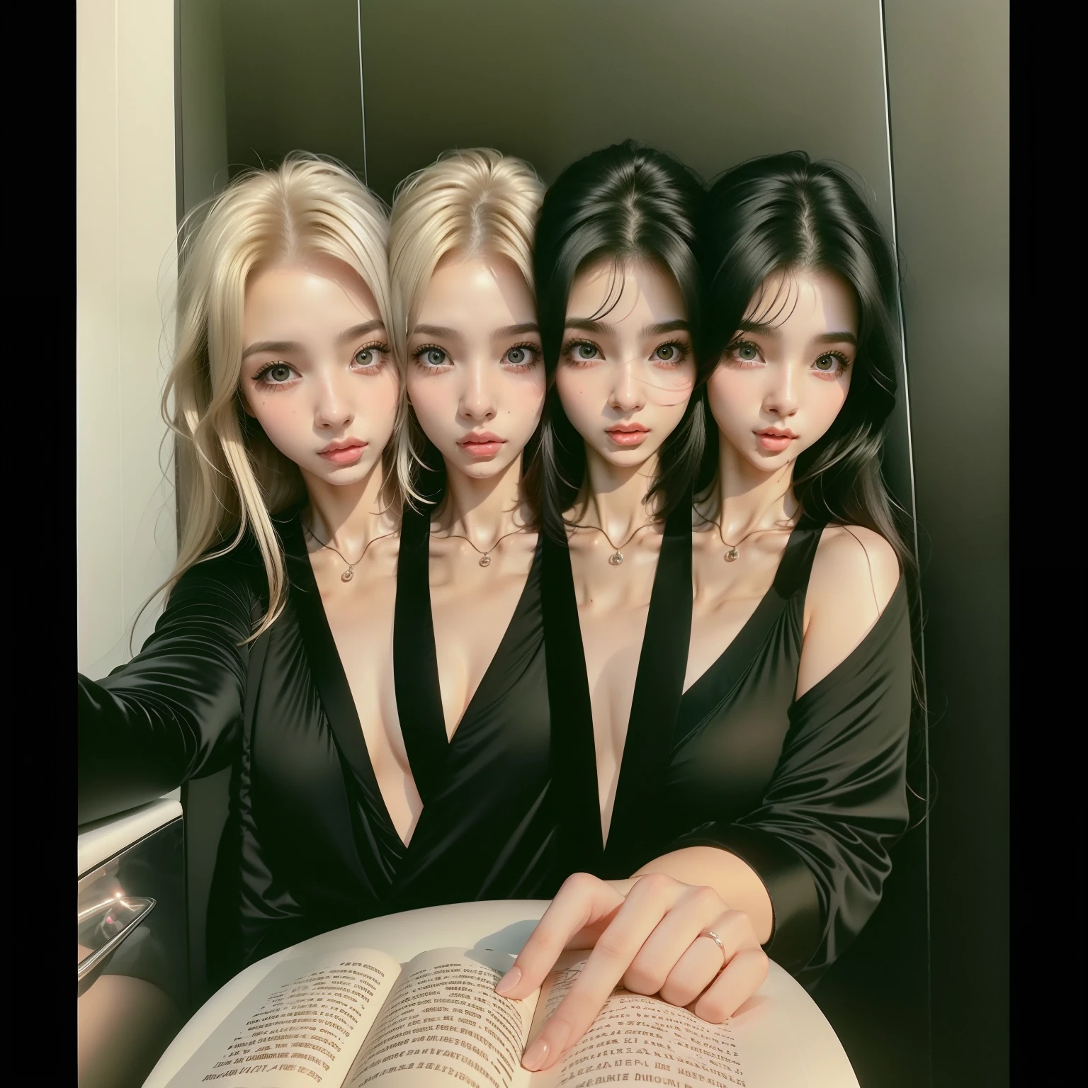 Five young girls in a dimly lit basement, glowing pentagram on the floor, scattered candles, old spell book. Natalia, the Succubus, dark flowing hair, crimson eyes, bat-like wings, alluring and menacing. Jasmine, olive skin, long wavy black hair, brown eyes, confident, medium chest. Beatrice, long brown hair, glasses, massive breasts, anxious, bookworm. Claire, short black hair, blue eyes, athletic, toned body, , tomboy. Madison, straight blonde hair, green eyes, tall model figure, fashionable, smug. Ellie, straight blonde hair, green eyes, tall model figure, excited, eccentric. United yet distinct, tension and revelation.