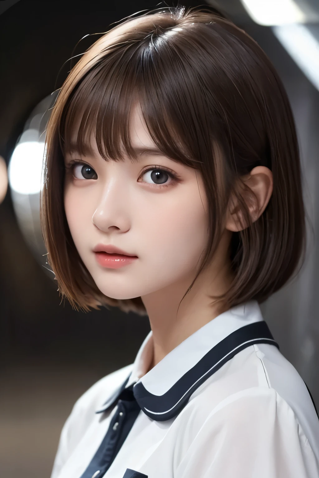 1girl, (a beauty girl, delicate girl, beautiful girl, innocent girl:1.3), (18yo:1.3),
break, (white uniform, skirt:1.2),
break, (darkness, inside the tunnel, tunnel exit background:1.3),
break, very fine eyes, (symmetrical eyes:1.3),
break, (flat breasts:0.5), (round face, baby face), (brown eyes), parted bangs, (brown hair),
break, (eyes and faces with detailed:1.0),
break, (masterpiece, best quality, ultra detailed, detailed face, 8k)